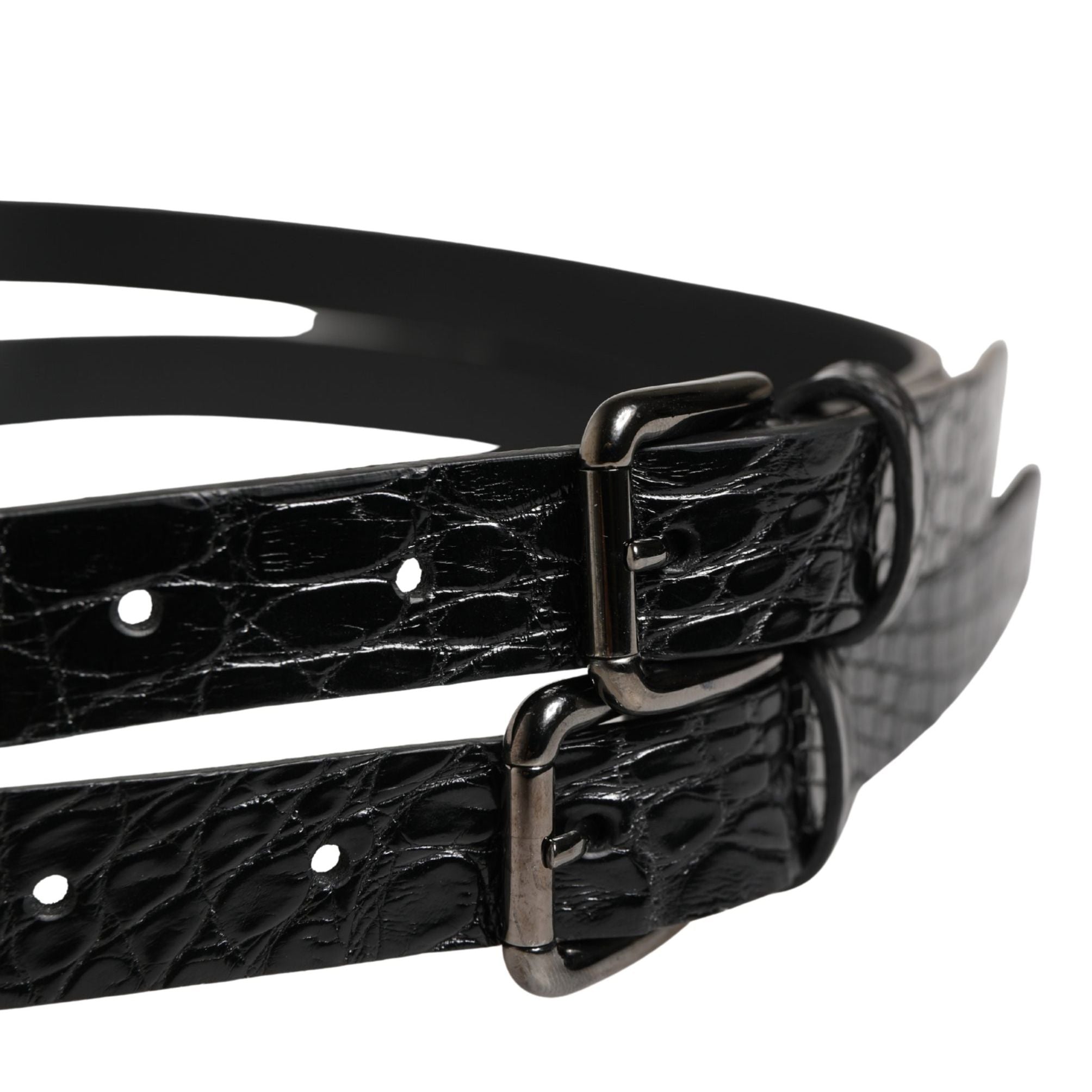 Dolce & Gabbana Black Double Strap Leather Silver Buckle Belt