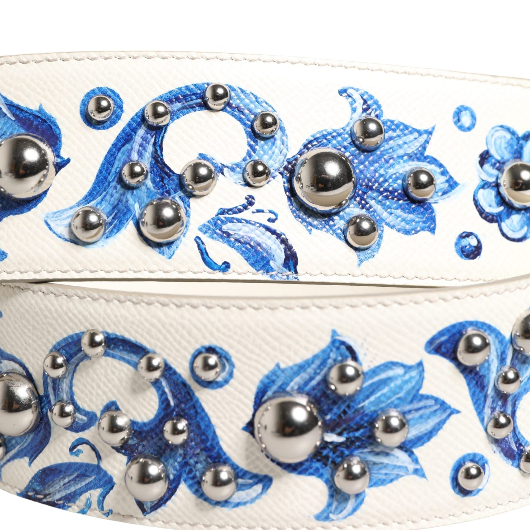 Dolce & Gabbana White Blue Floral Leather Stud Accessory Shoulder Strap