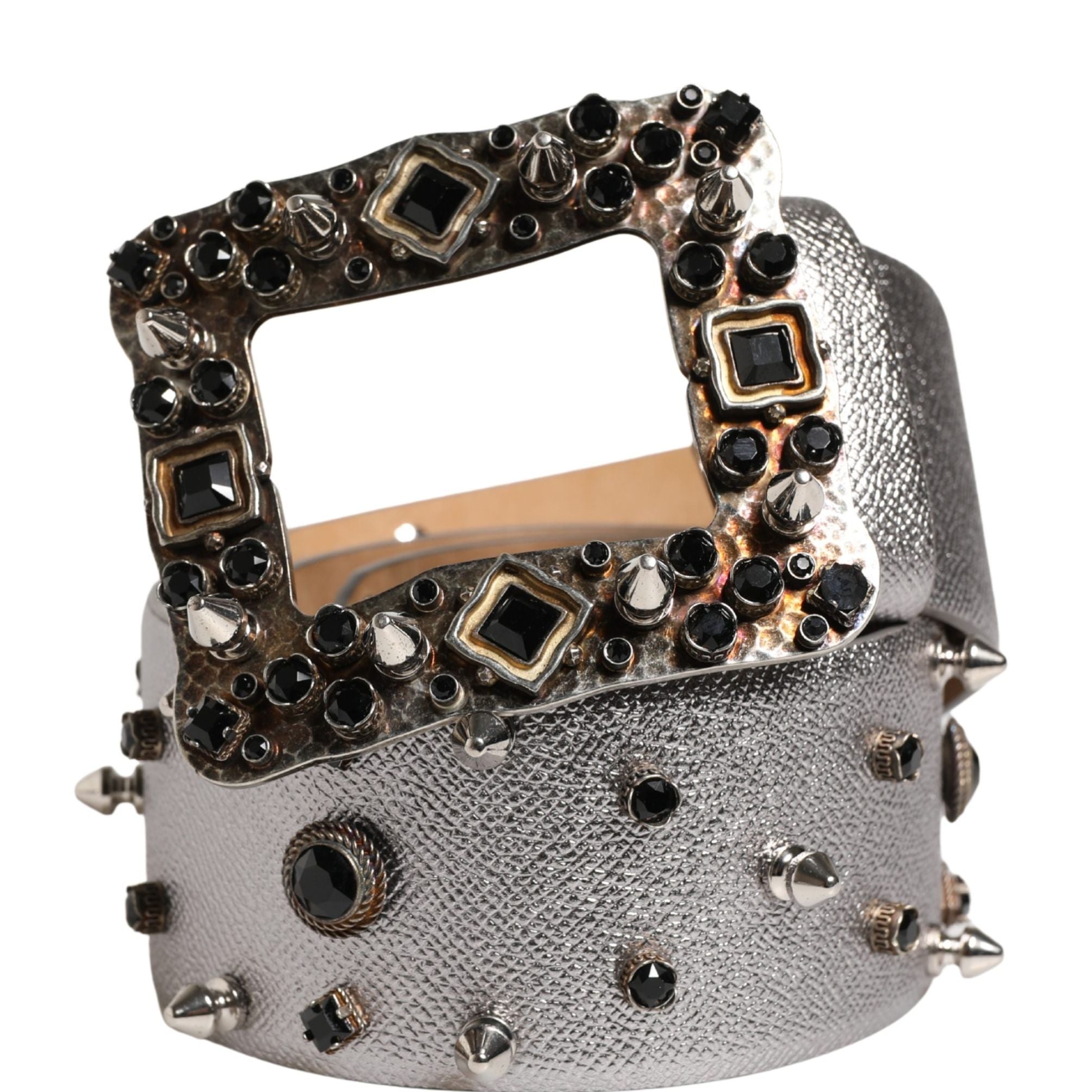 Dolce & Gabbana Silver Leather Crystal Metal Buckle Belt