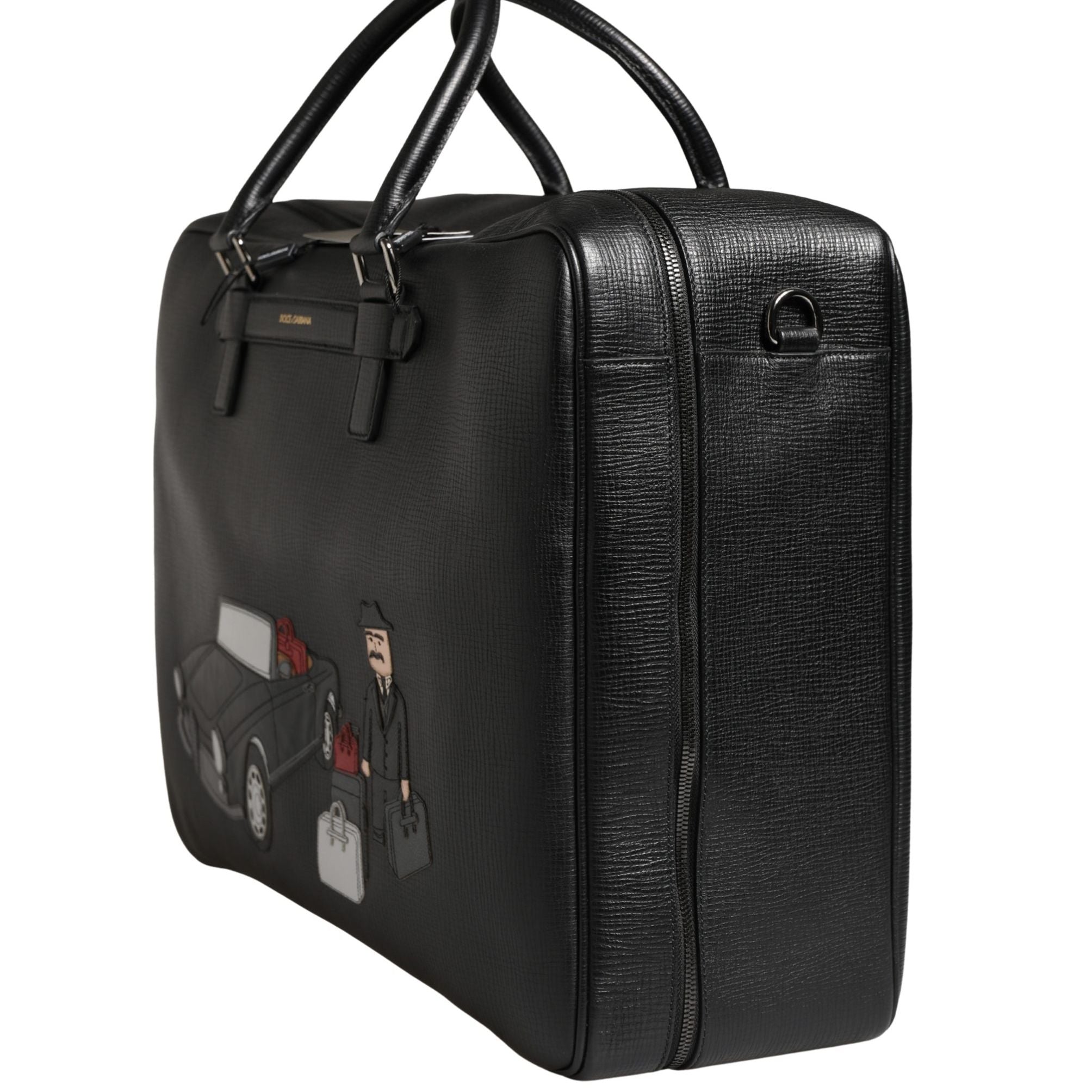 Dolce & Gabbana Black Car Man Applique Leather Weekender Borse Bag