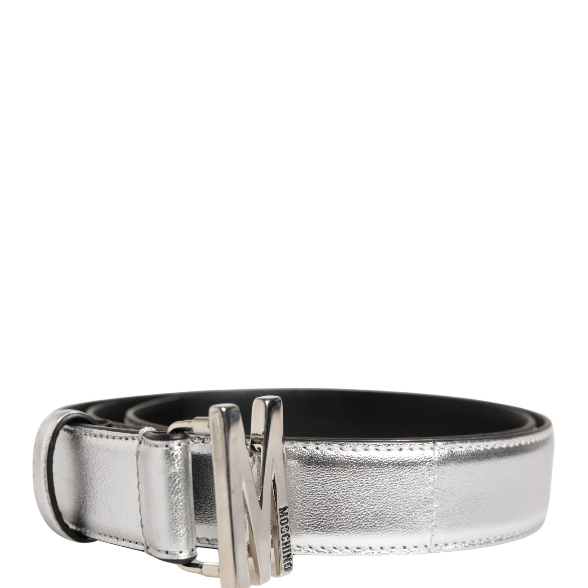 Moschino Couture Silver Leather Logo Metal Buckle Waist Belt