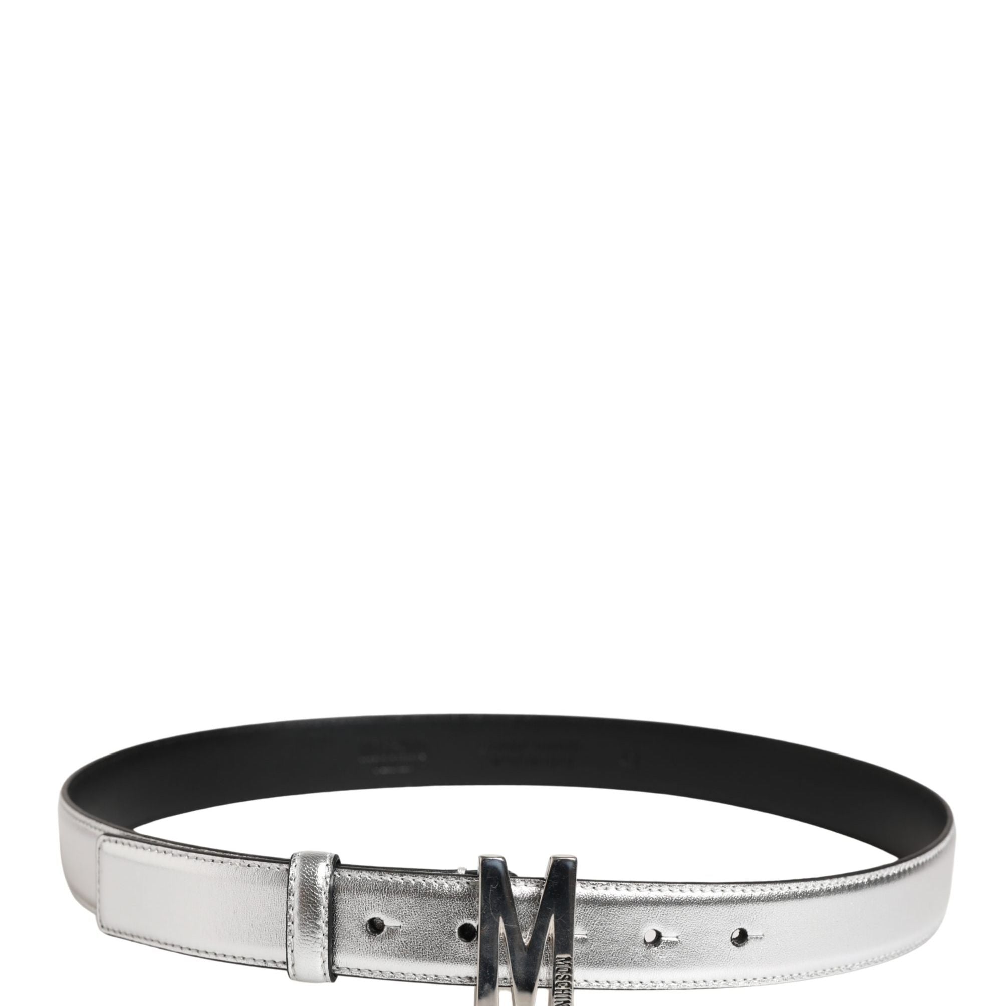 Moschino Couture Silver Leather Logo Metal Buckle Waist Belt