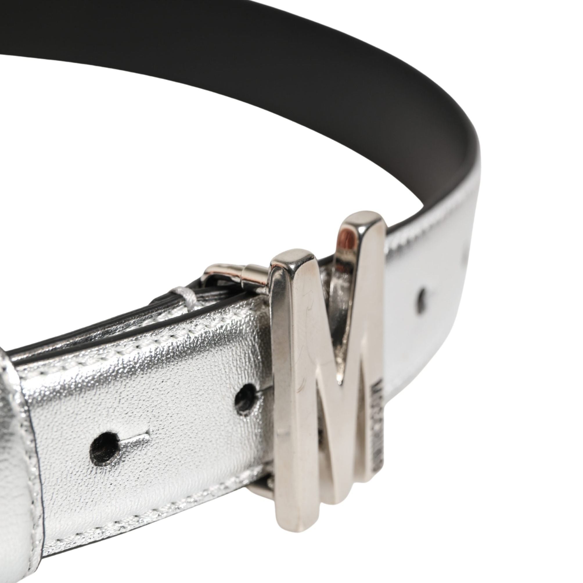 Moschino Couture Silver Leather Logo Metal Buckle Waist Belt