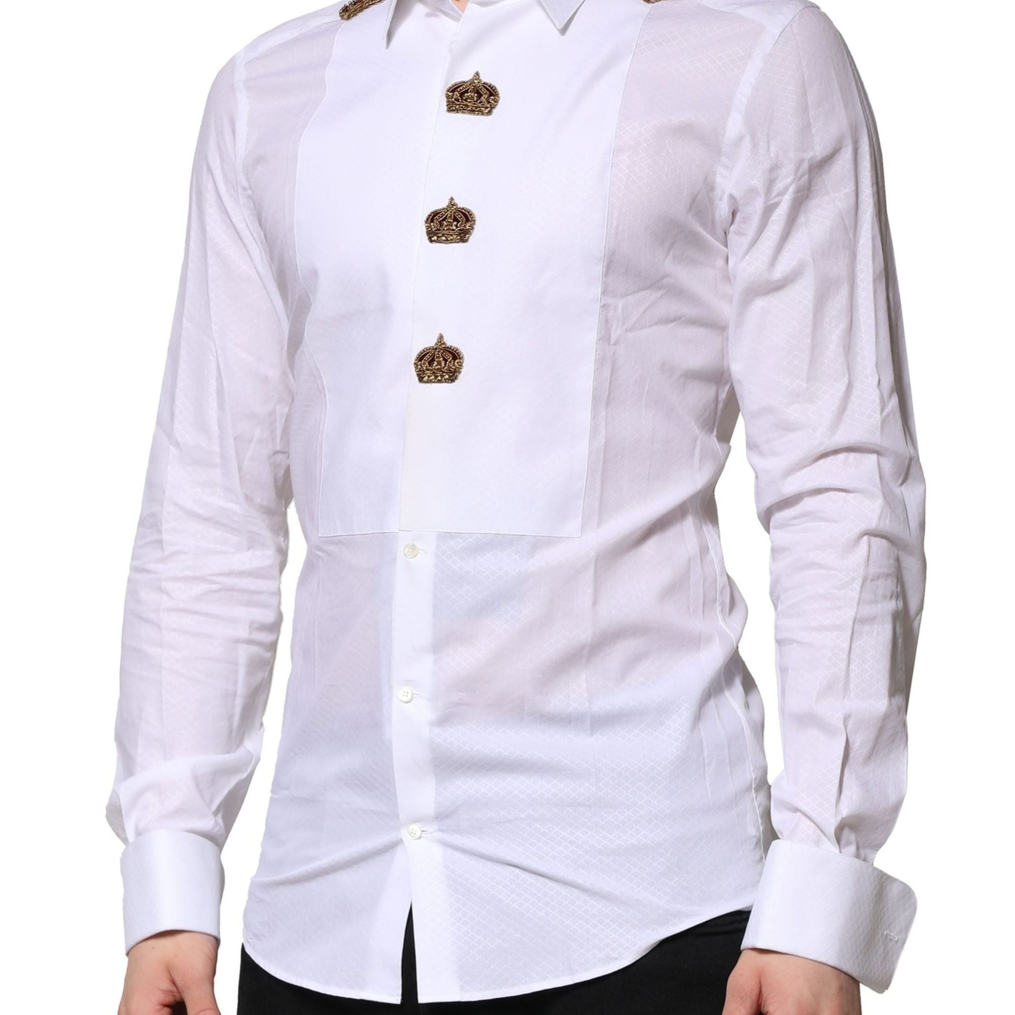 Dolce & Gabbana White GOLD Crown Cotton Dress Formal Shirt