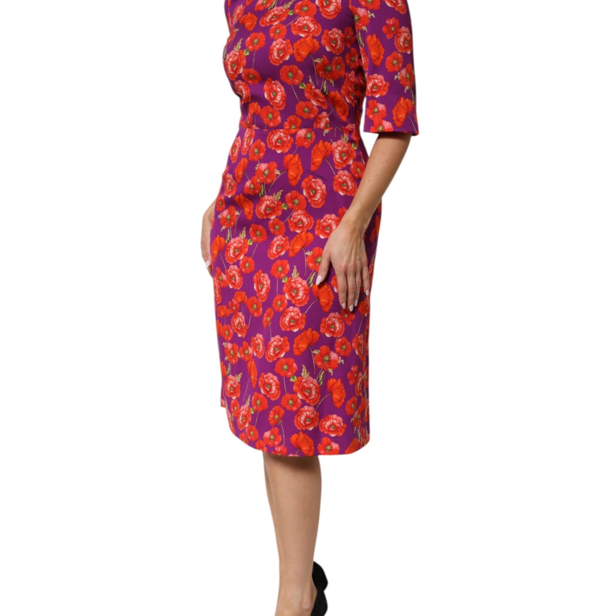 Dolce & Gabbana Purple Silk Floral Print Midi Sheath Dress