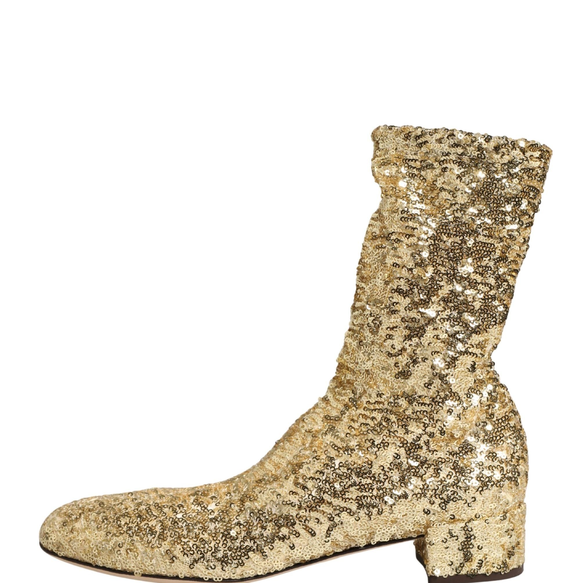 Dolce & Gabbana Gold Sequined Short Boots Stretch Shoes