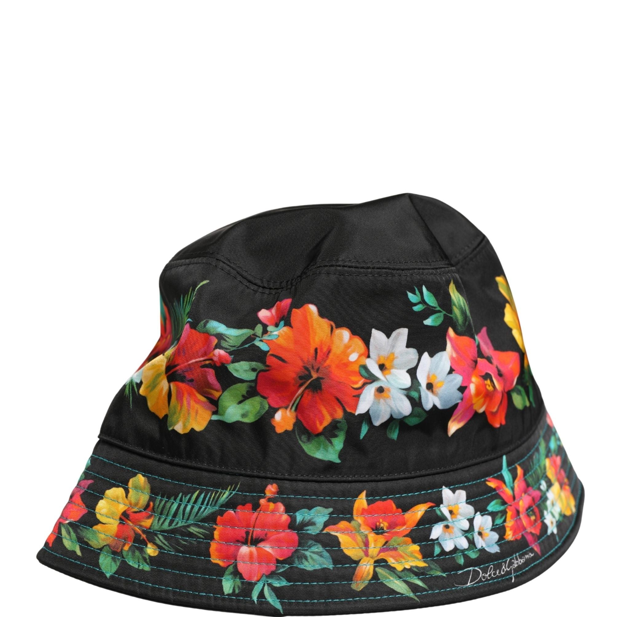 Dolce & Gabbana Men Black Floral Print Nylon Fisherman Cap Hat