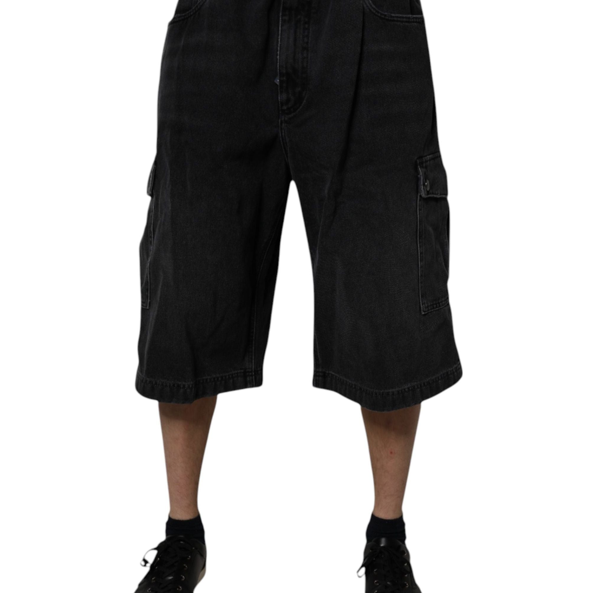 Dolce & Gabbana Black Mid Waist Denim Cargo Bermuda Shorts