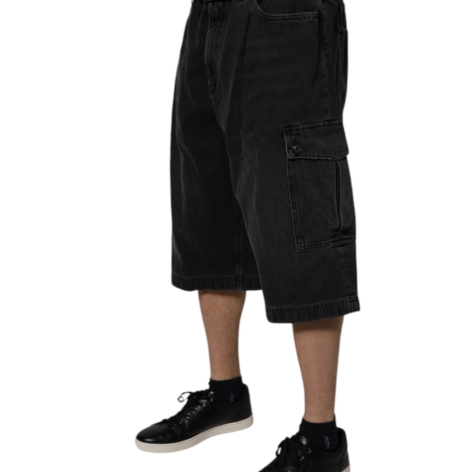 Dolce & Gabbana Black Mid Waist Denim Cargo Bermuda Shorts