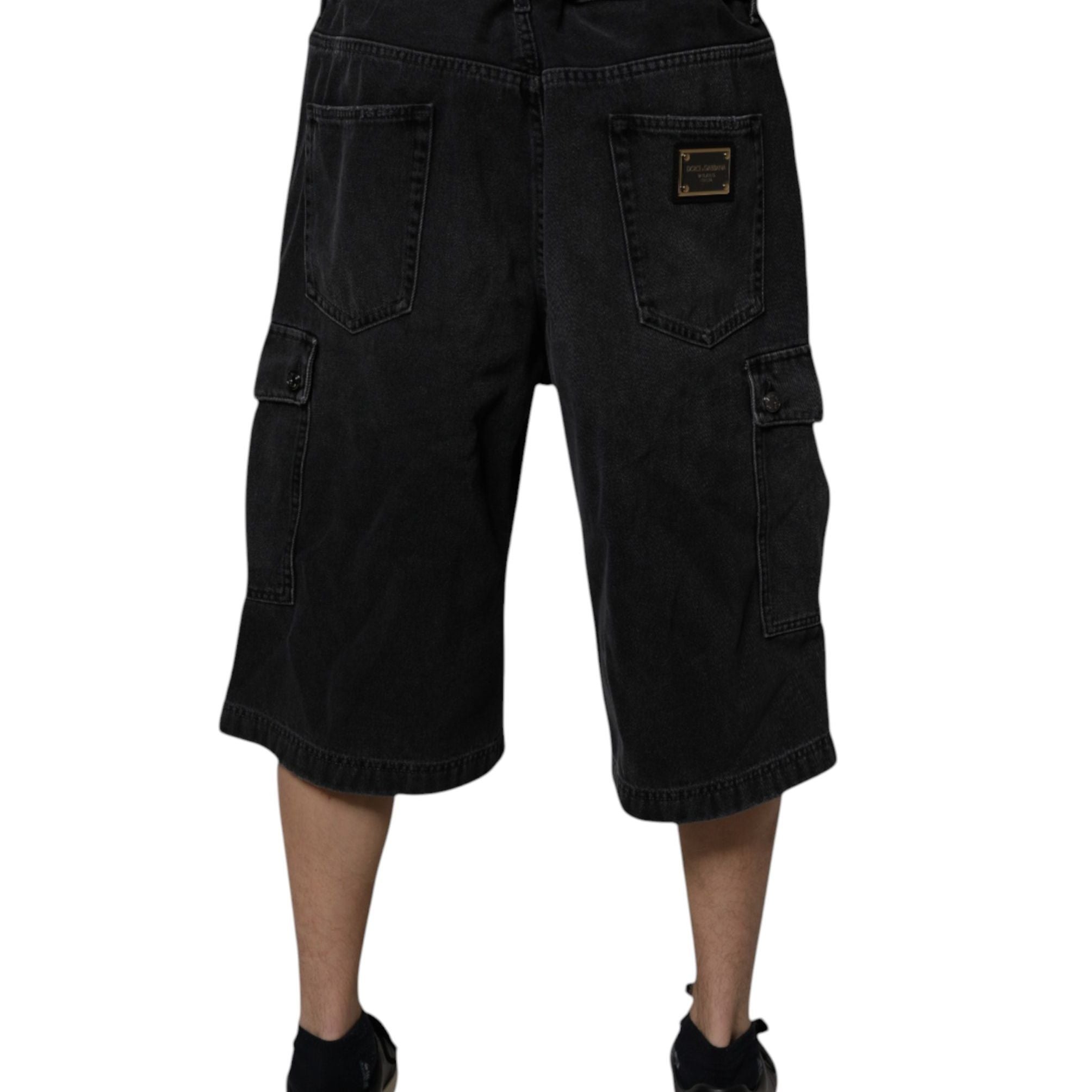 Dolce & Gabbana Black Mid Waist Denim Cargo Bermuda Shorts
