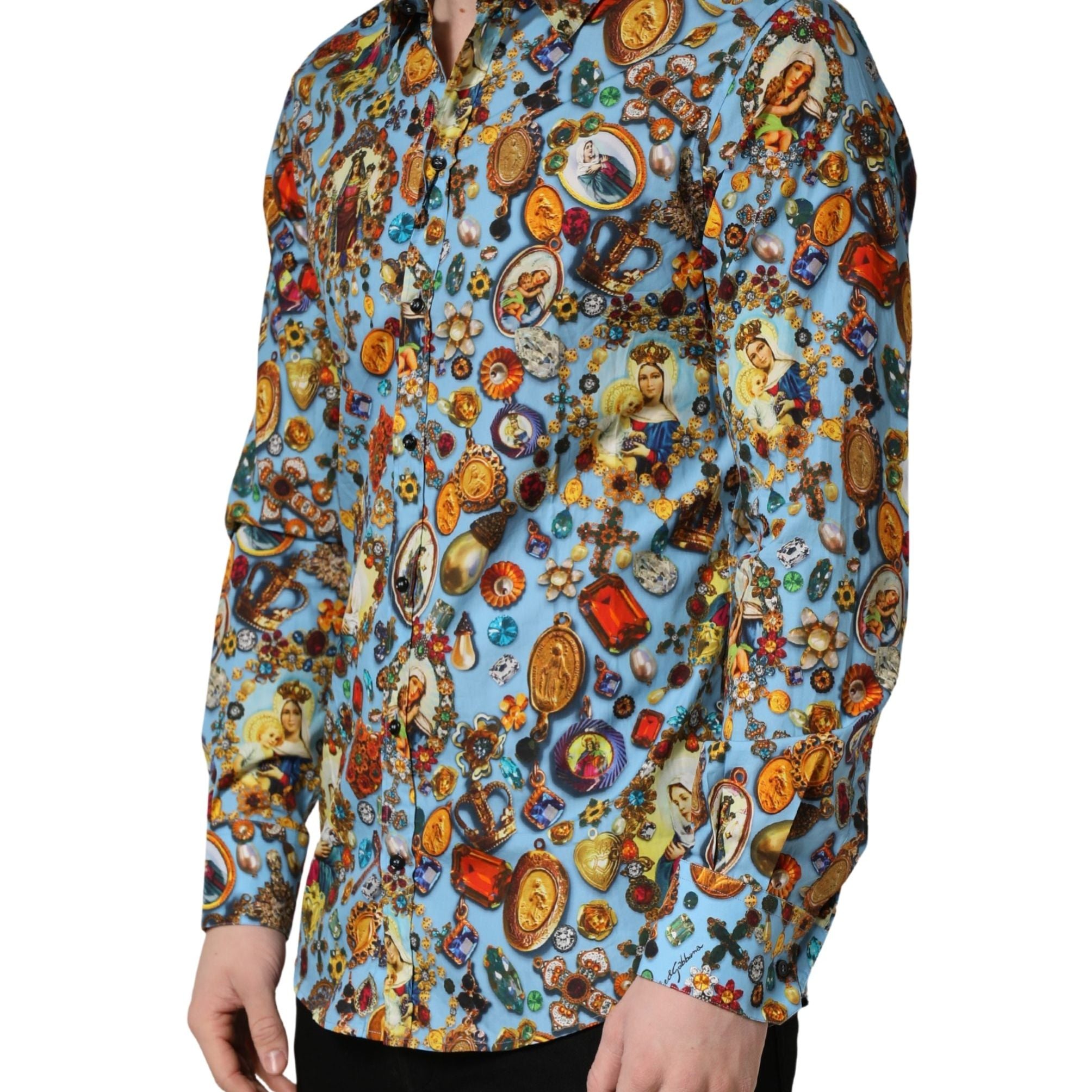 Dolce & Gabbana Blue Cotton Jewel Print Button Down GOLD Shirt