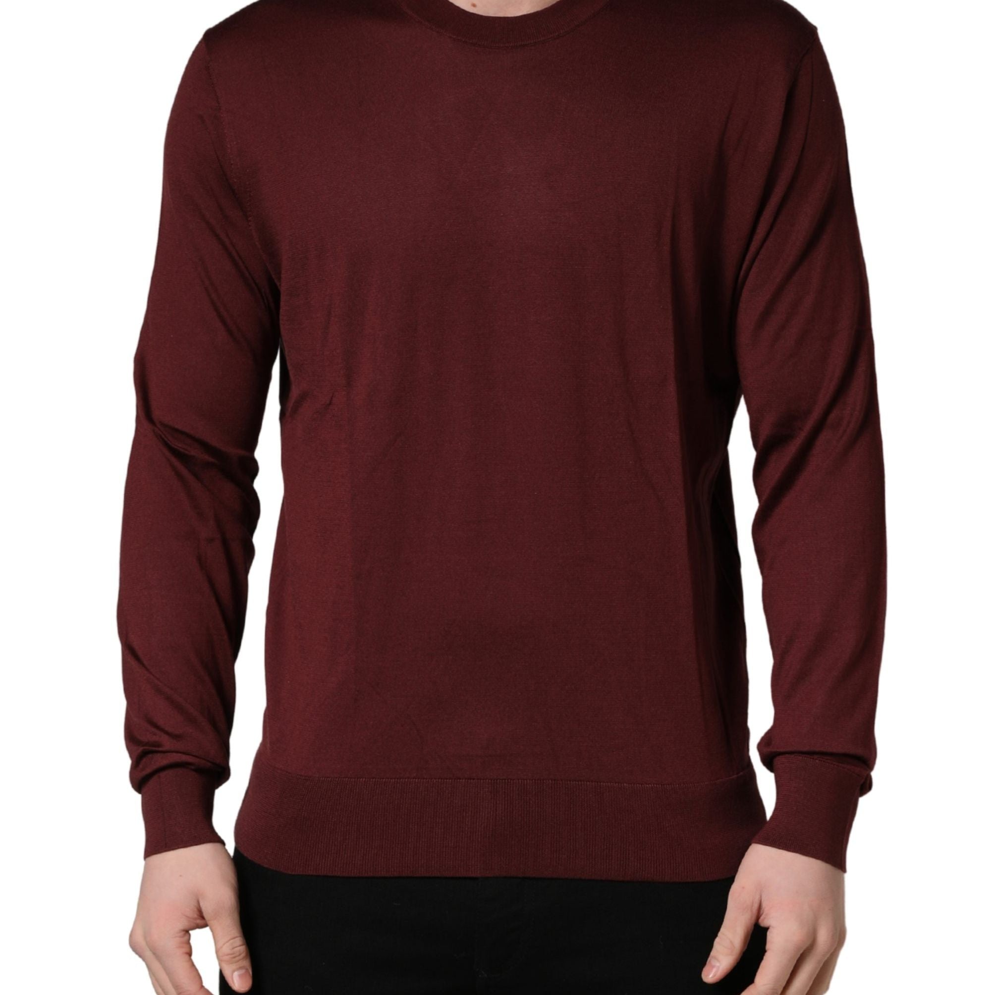 Dolce & Gabbana Maroon Silk Men Crew Neck Pullover Sweater