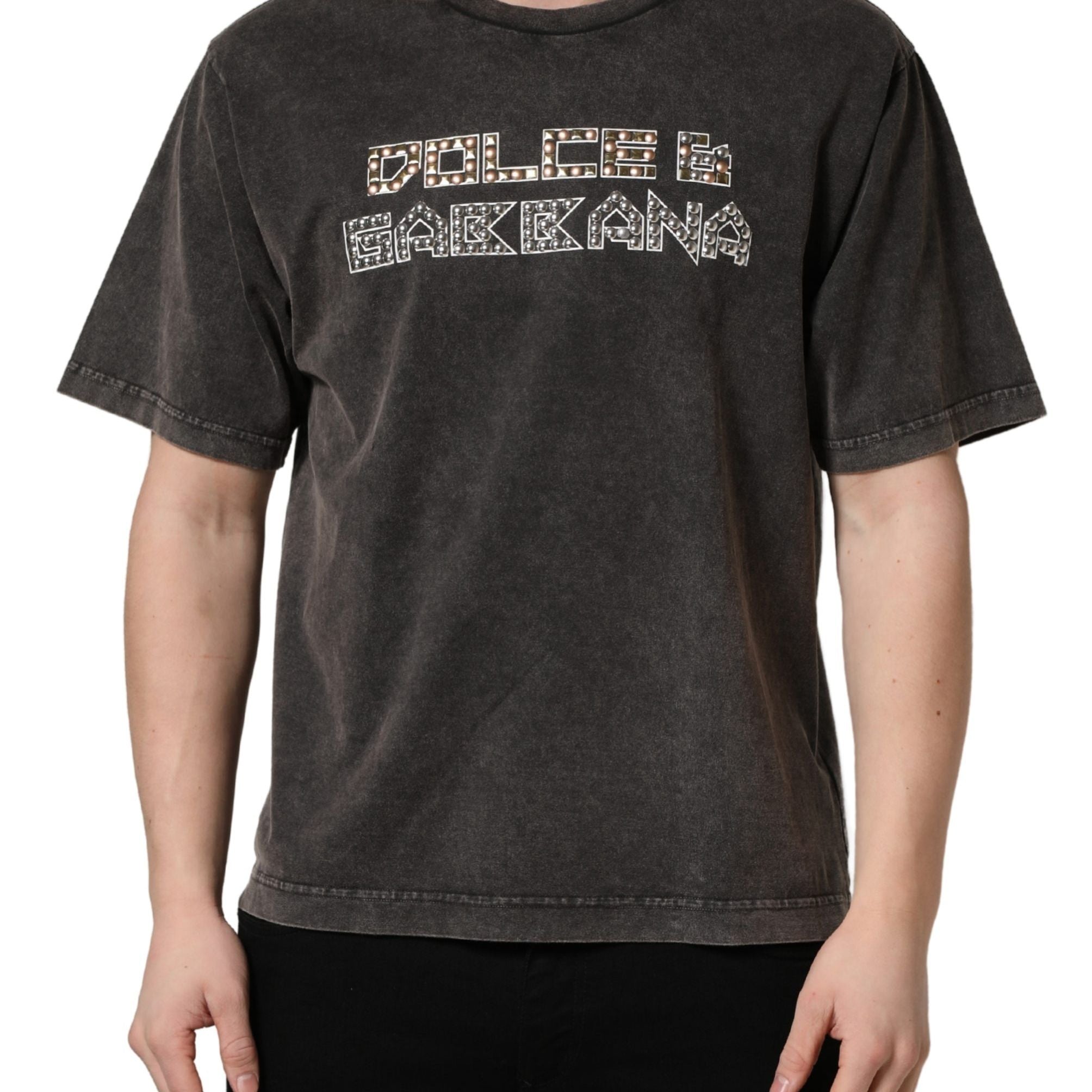 Dolce & Gabbana Gray Logo Embellished Men Crew Neck T-shirt