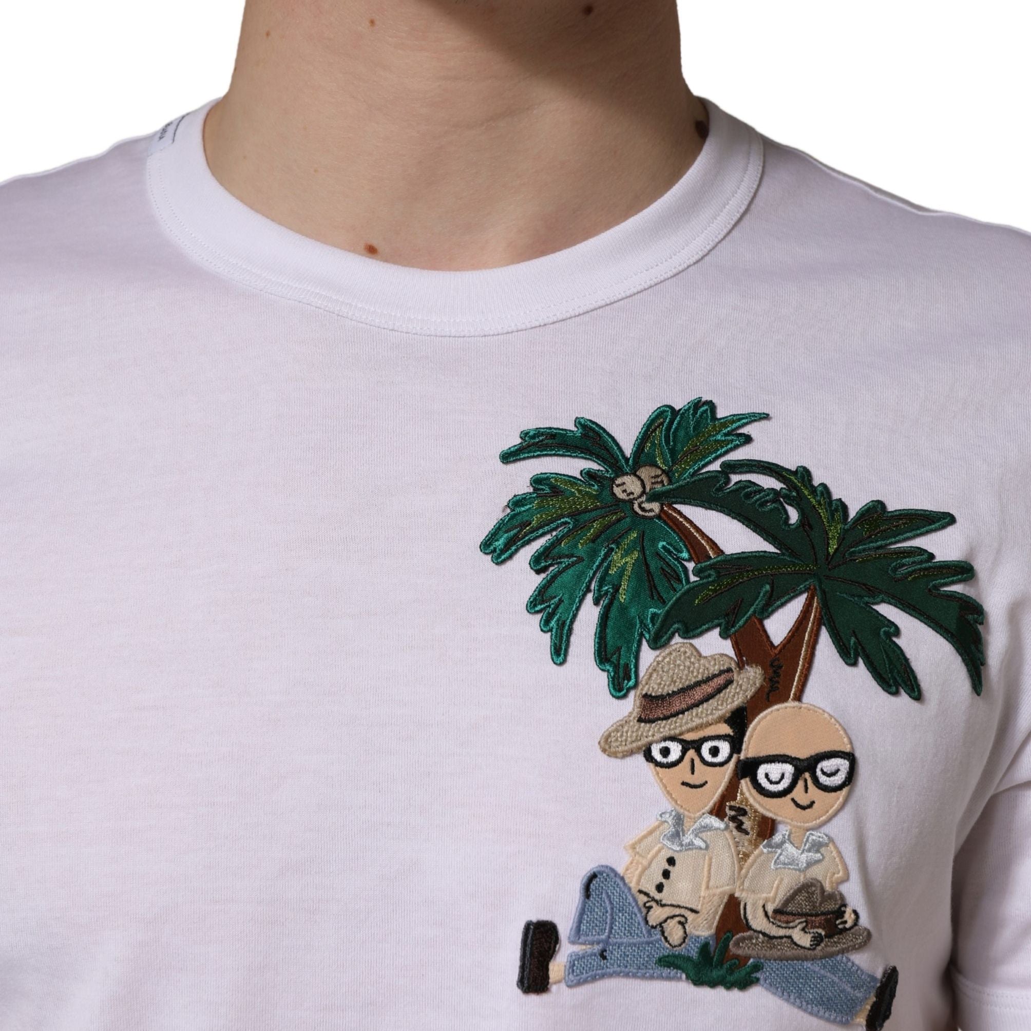 Dolce & Gabbana White Palm Embroidered Men Crew Neck T-shirt