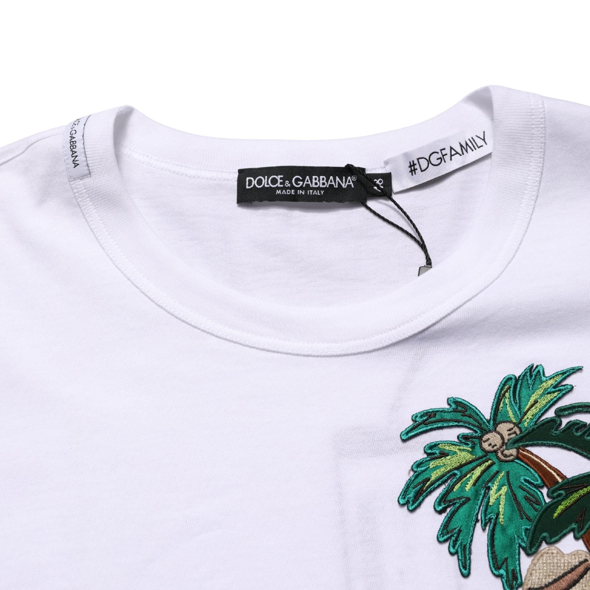 Dolce & Gabbana White Palm Embroidered Men Crew Neck T-shirt