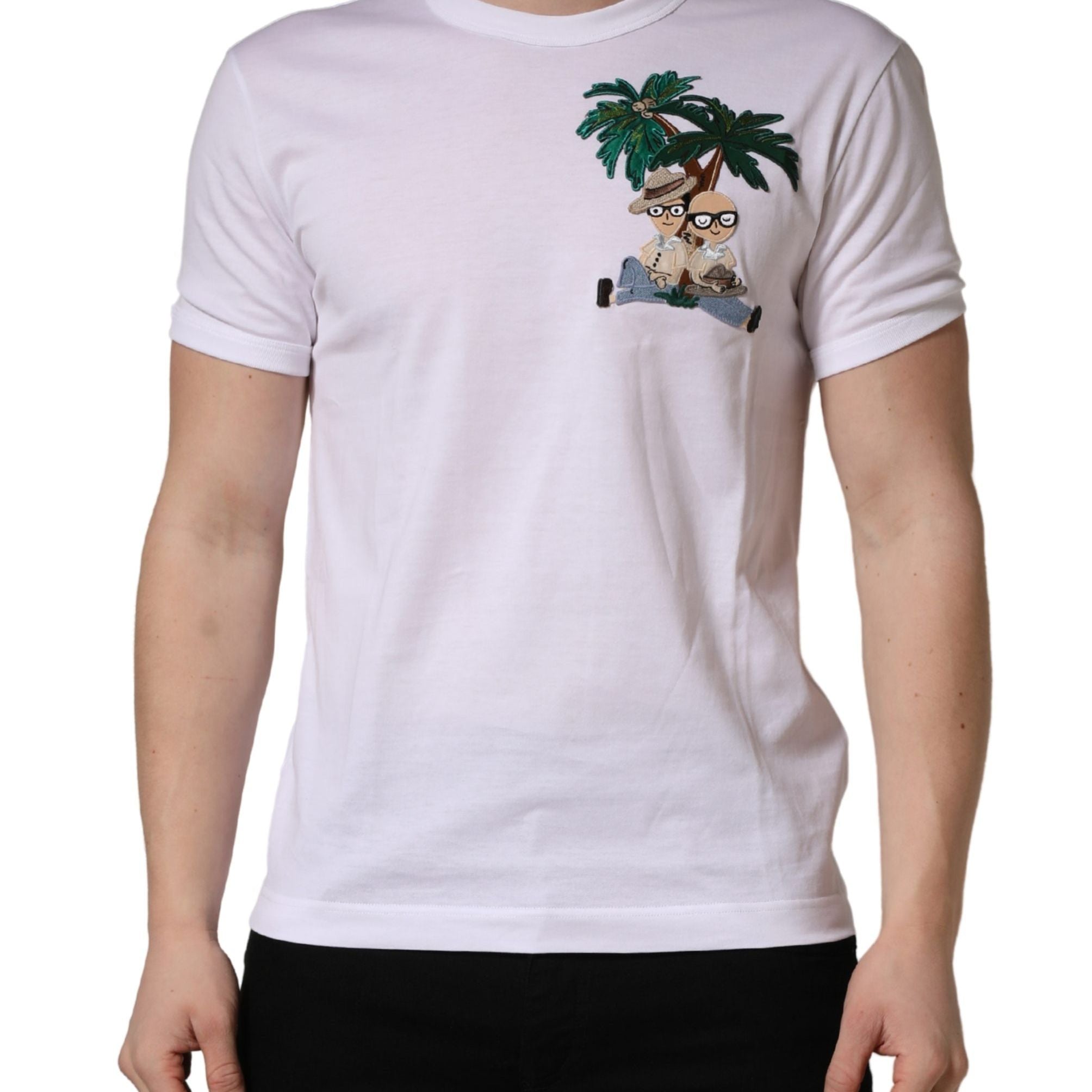 Dolce & Gabbana White Palm Embroidered Men Crew Neck T-shirt