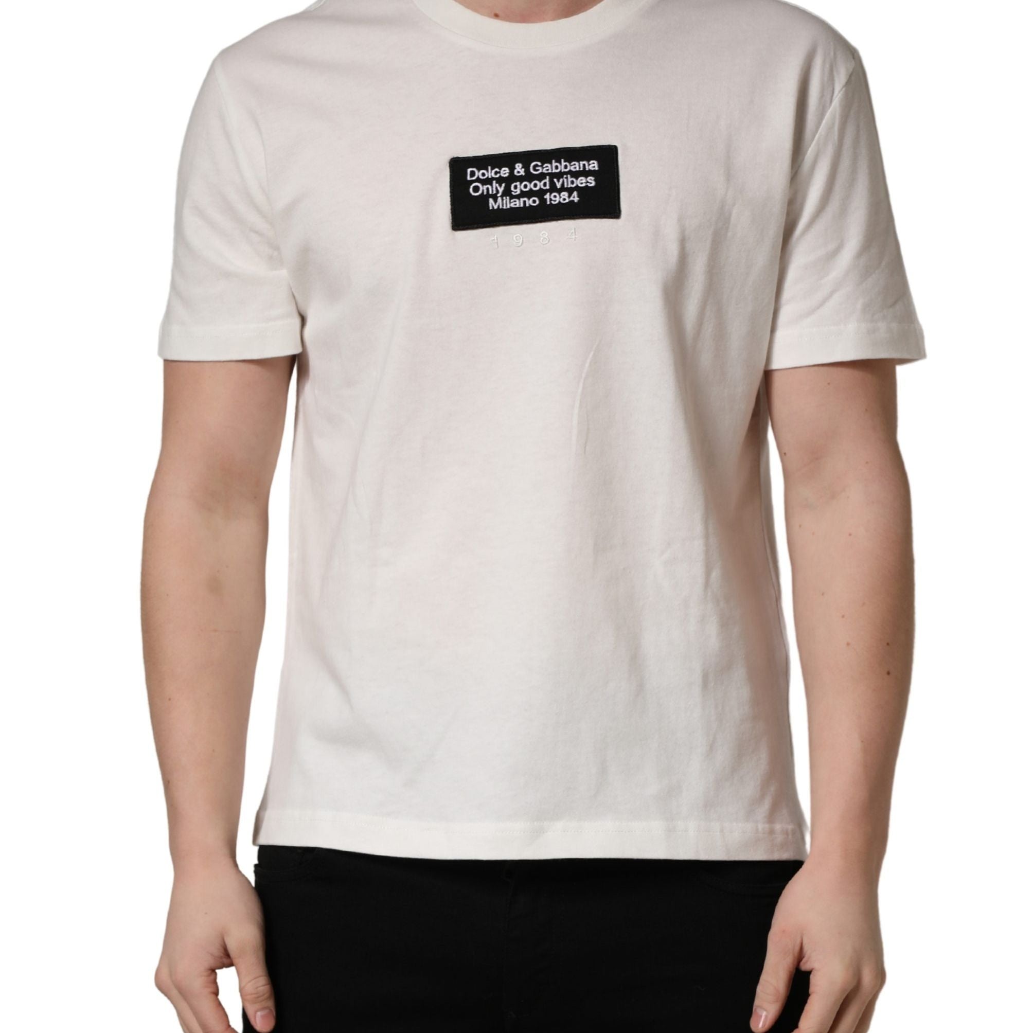 Dolce & Gabbana White Logo Patch Cotton Men Crew Neck T-shirt