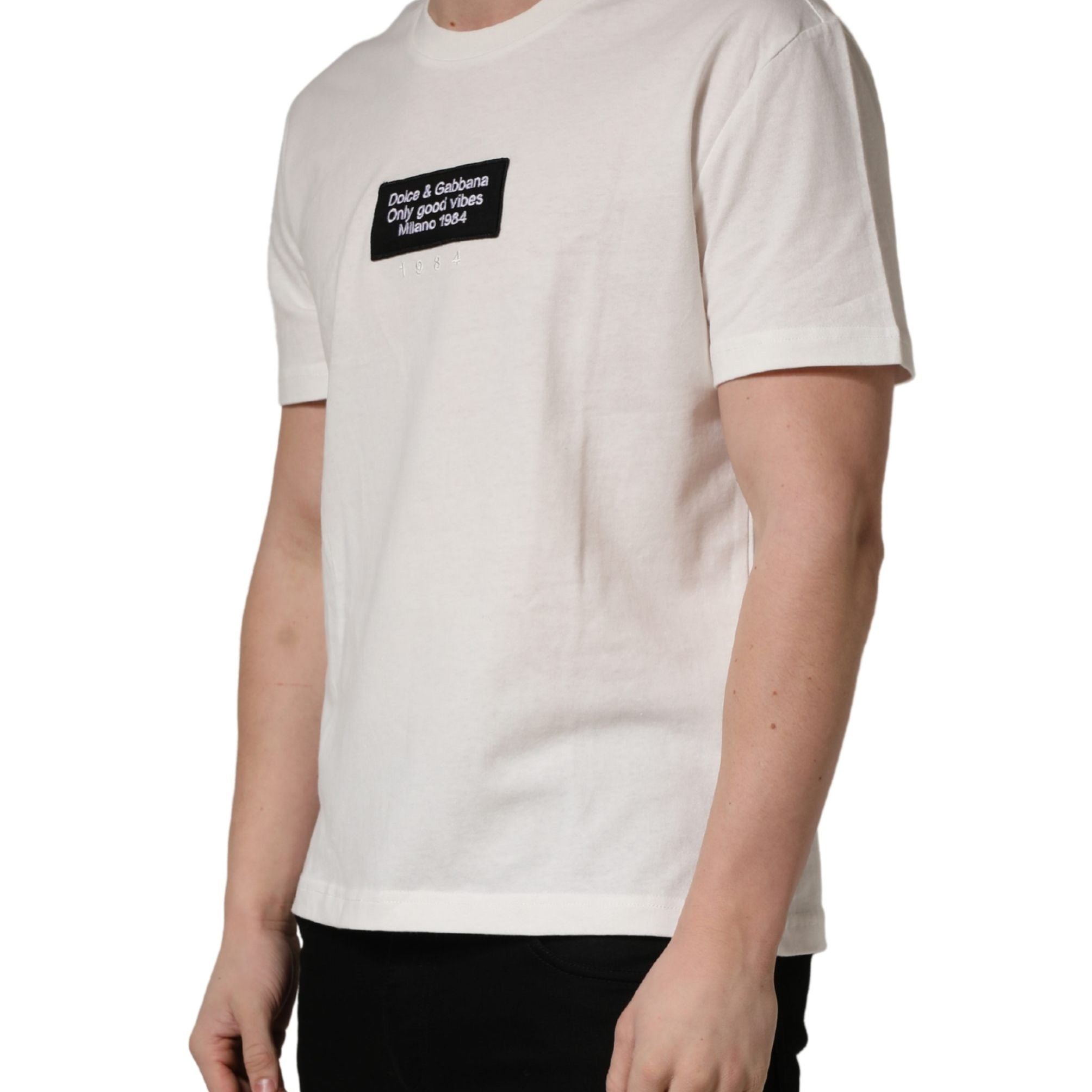Dolce & Gabbana White Logo Patch Cotton Men Crew Neck T-shirt