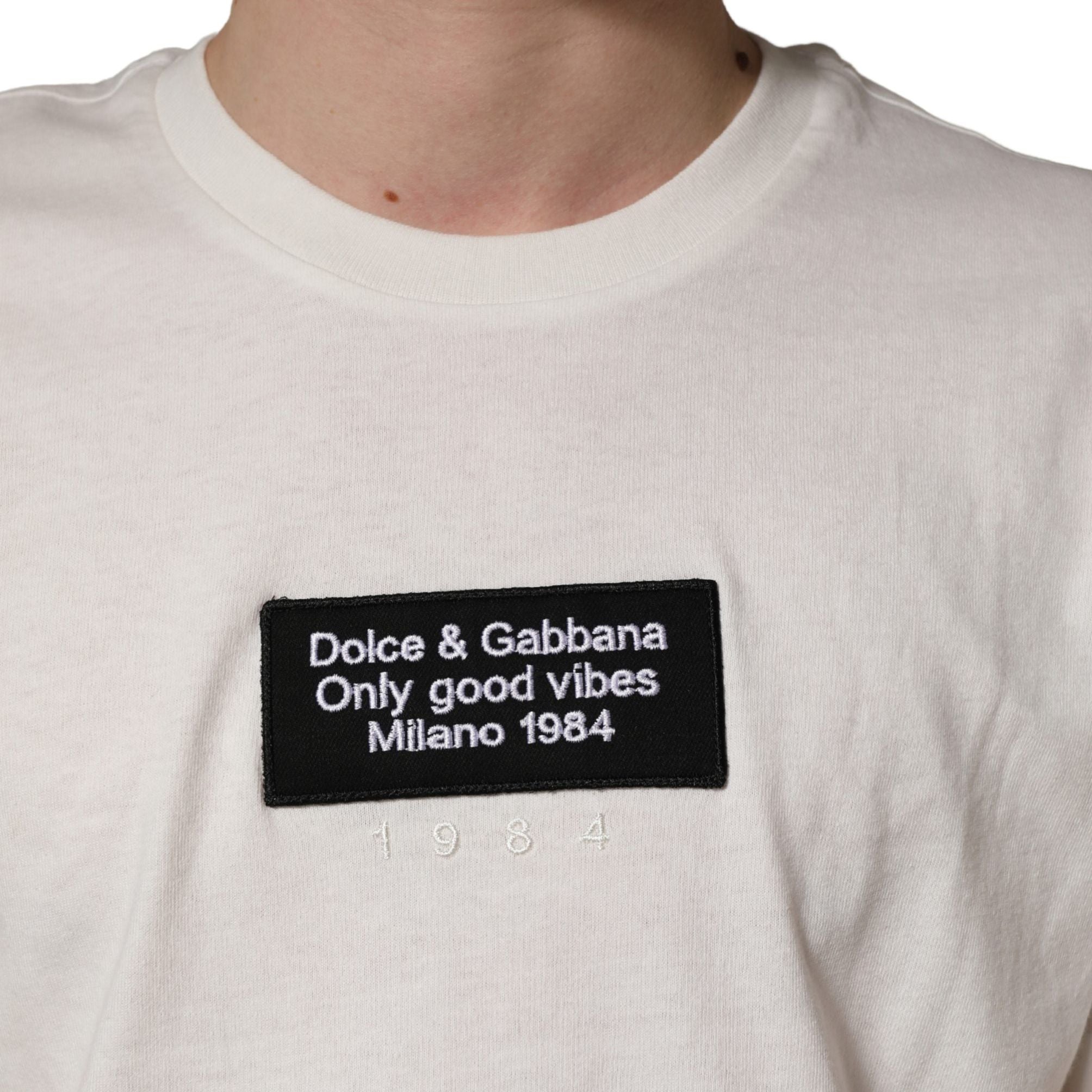 Dolce & Gabbana White Logo Patch Cotton Men Crew Neck T-shirt
