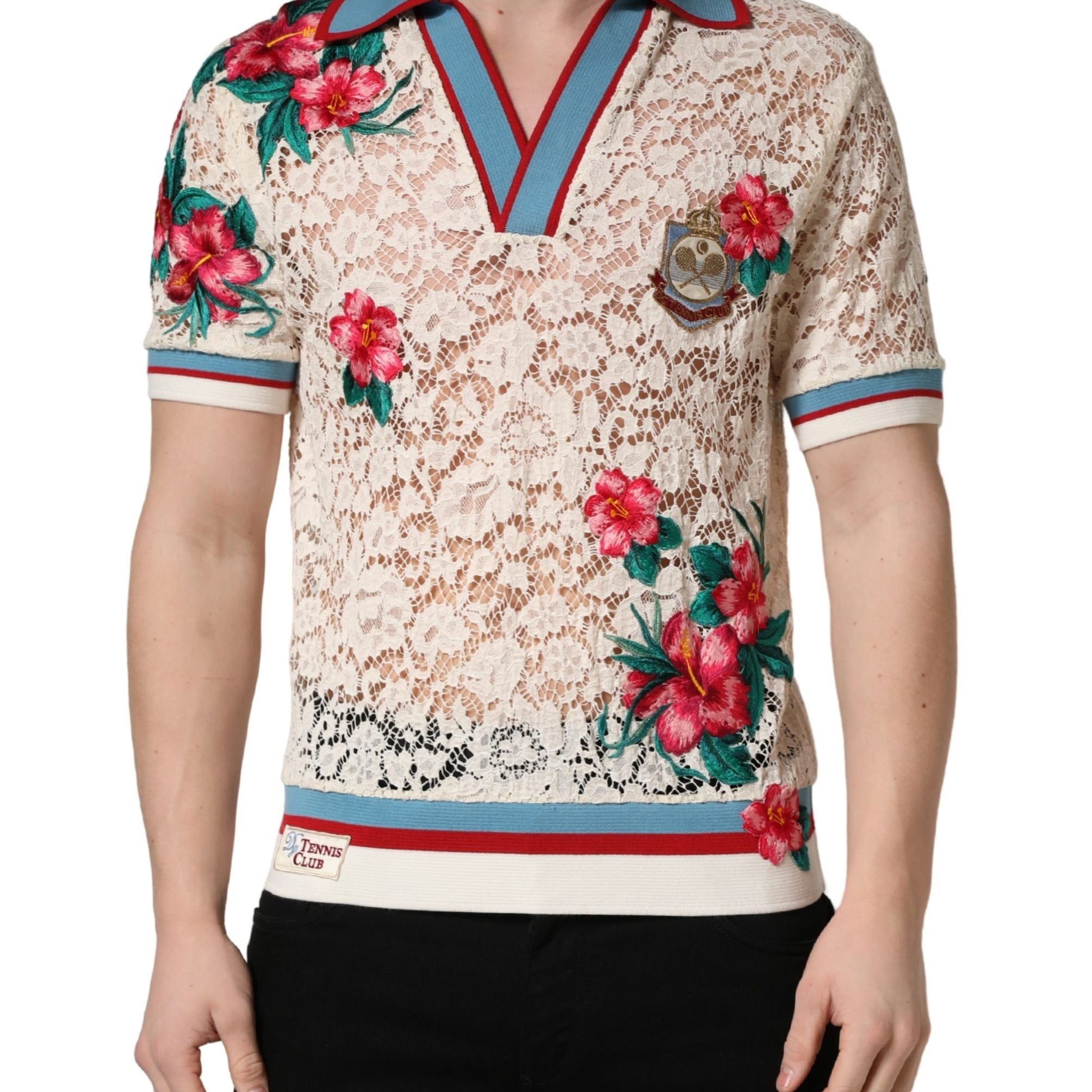 Dolce & Gabbana Beige Floral Tennis Club Lace Polo T-shirt