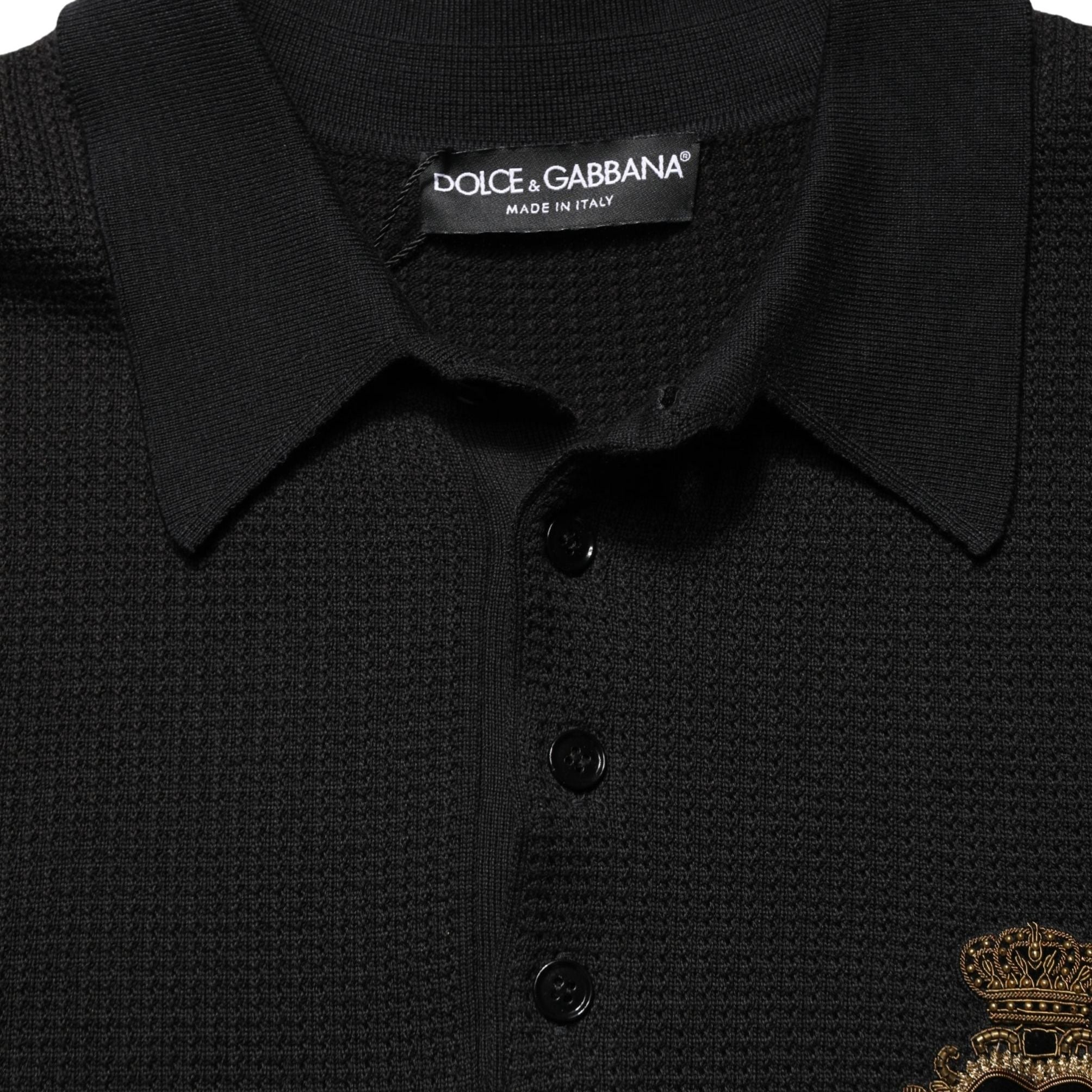 Dolce & Gabbana Black Heraldic Crest Patch Silk Polo T-shirt