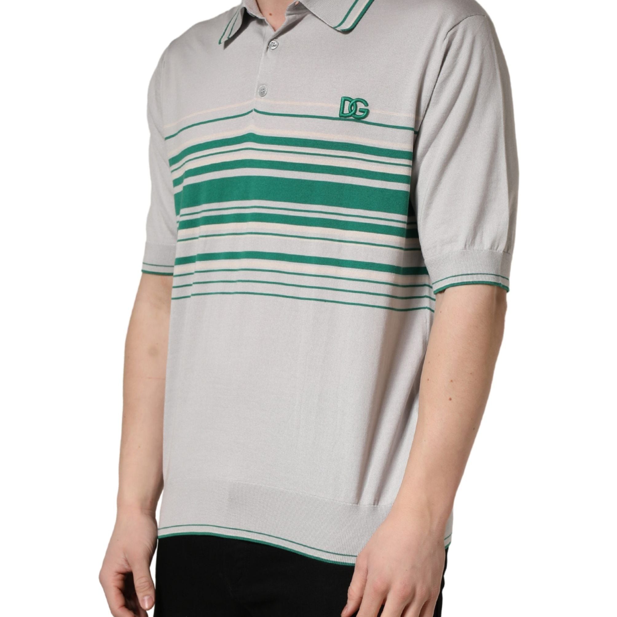 Dolce & Gabbana Gray Green Striped Logo Silk Polo T-shirt