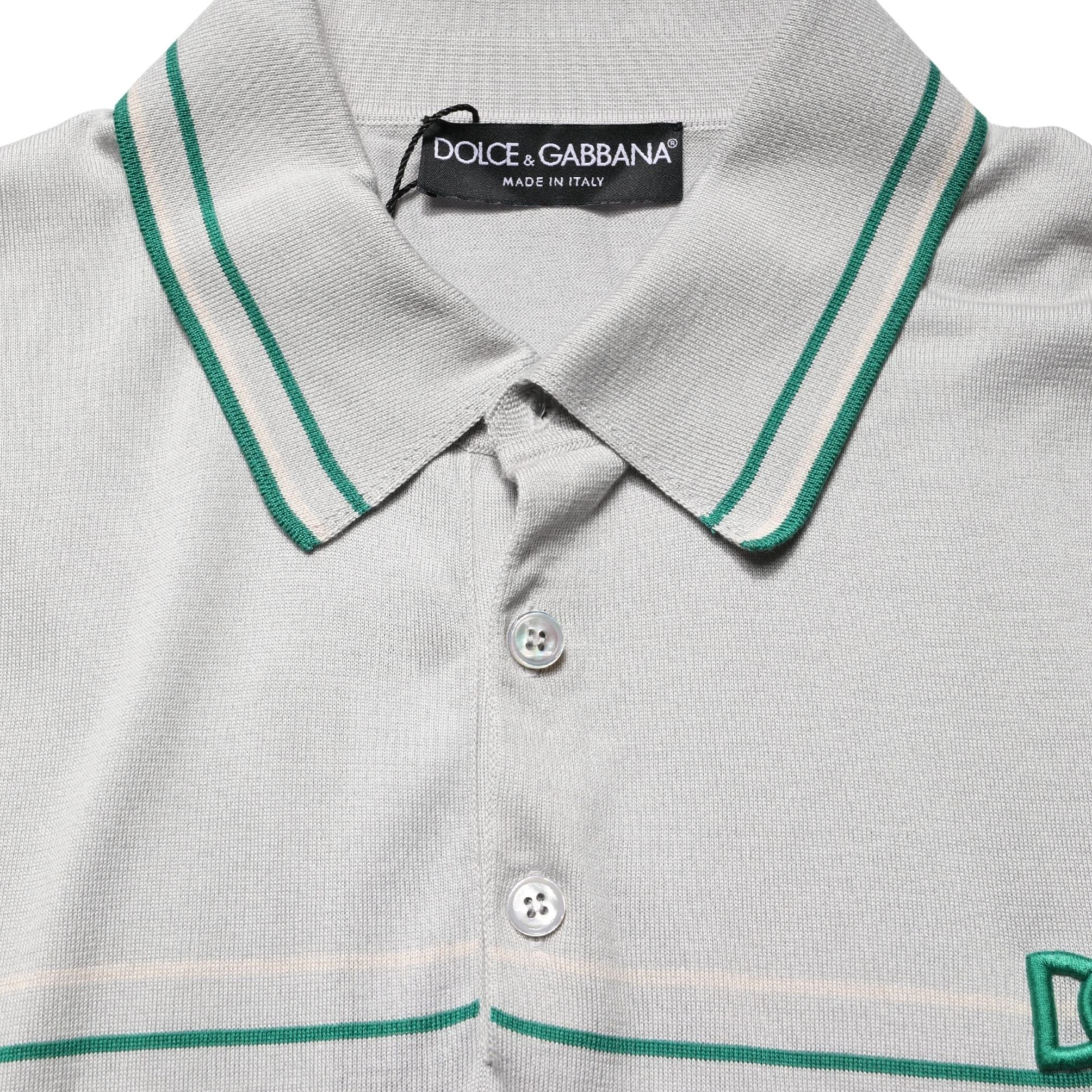 Dolce & Gabbana Gray Green Striped Logo Silk Polo T-shirt