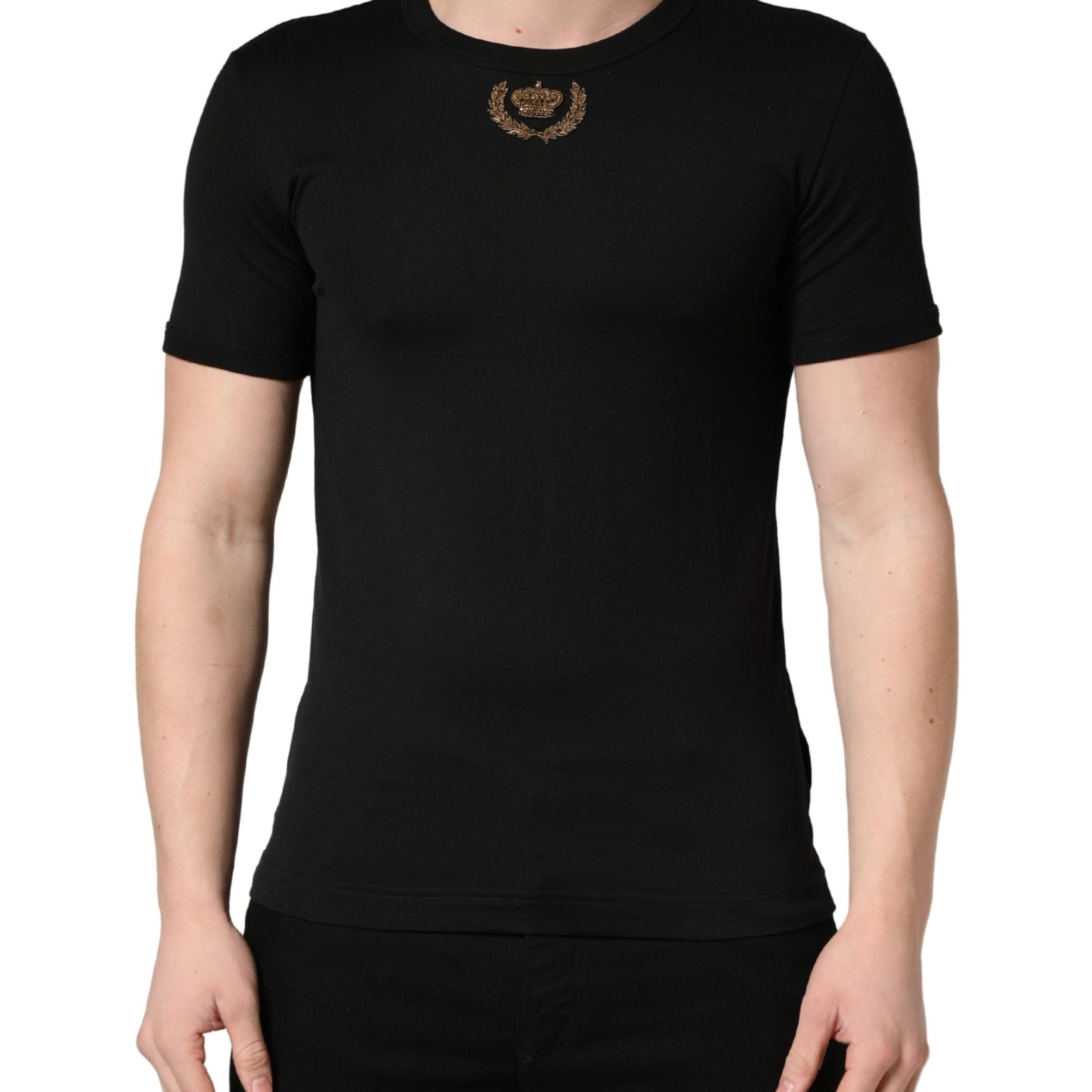 Dolce & Gabbana Black Crown Embroidery Men Crew Neck T-shirt