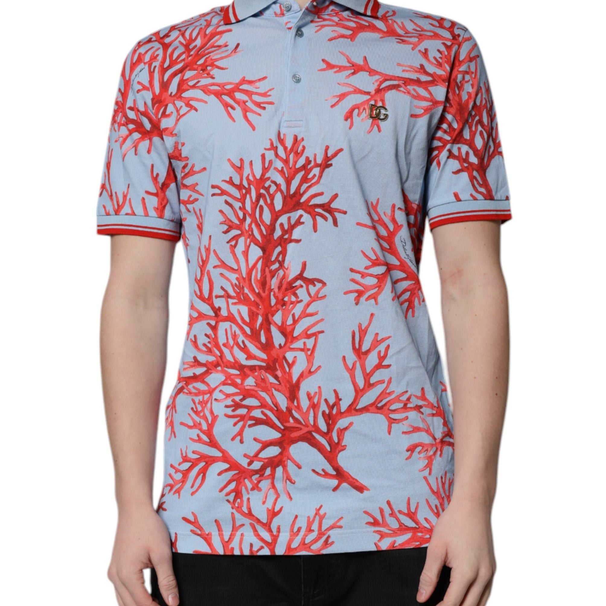 Dolce & Gabbana LightBlue Coral Cotton Collared Polo T-shirt