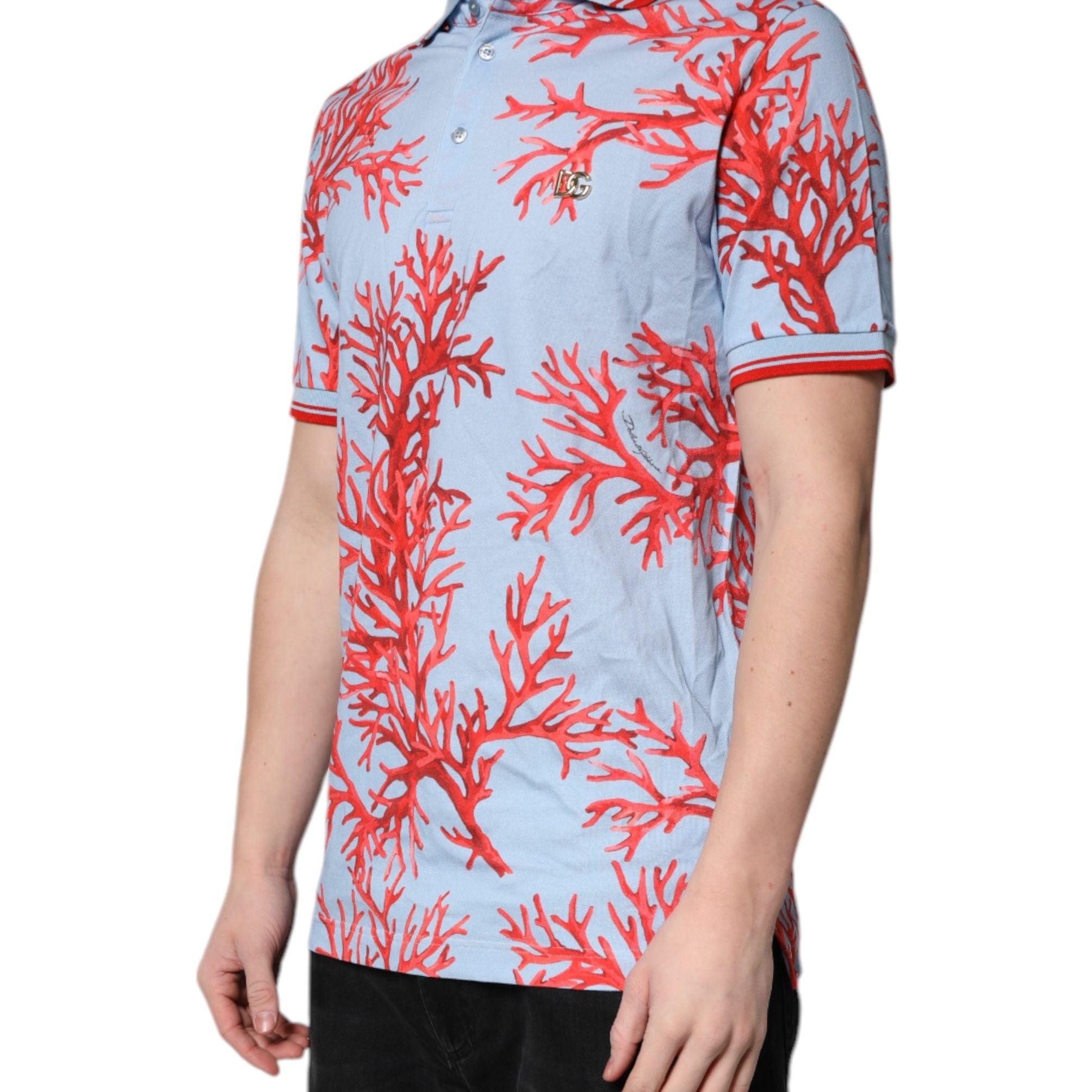 Dolce & Gabbana LightBlue Coral Cotton Collared Polo T-shirt