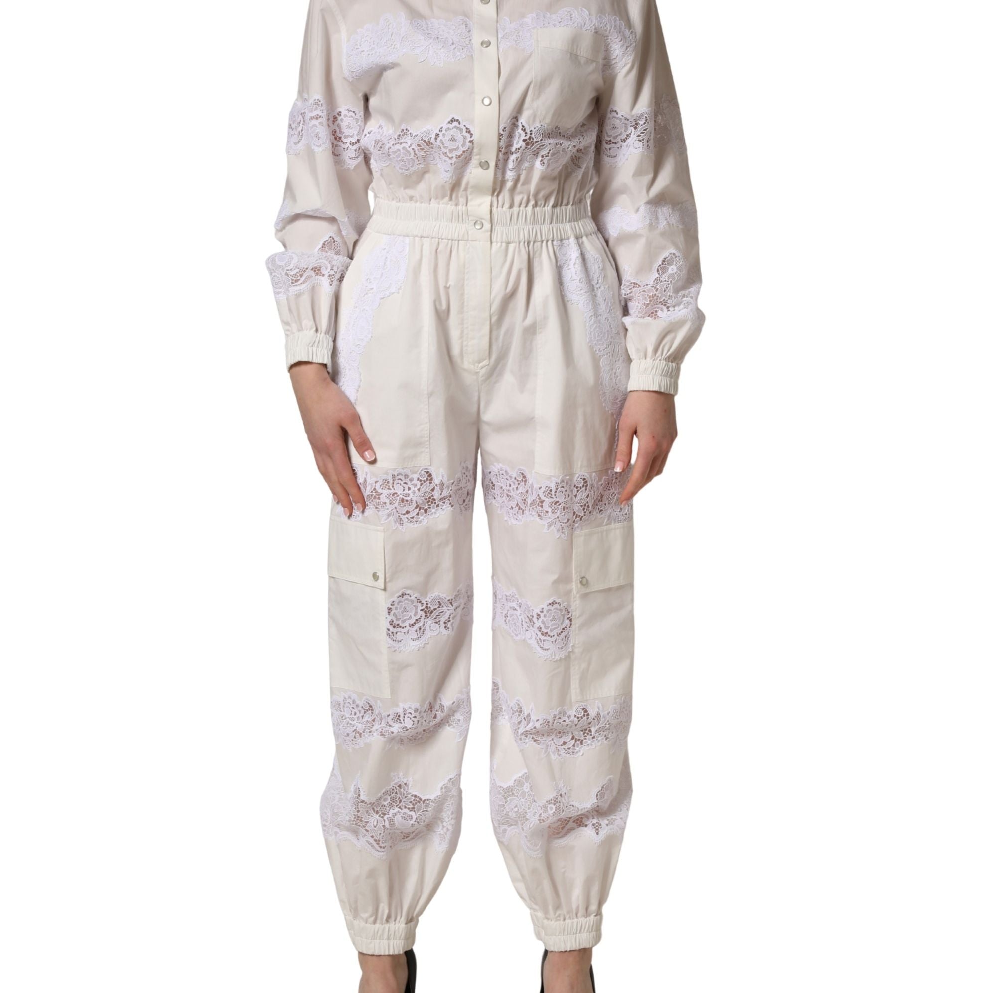 Dolce & Gabbana White Cotton Lace Trim Long Sleeves Jumpsuit