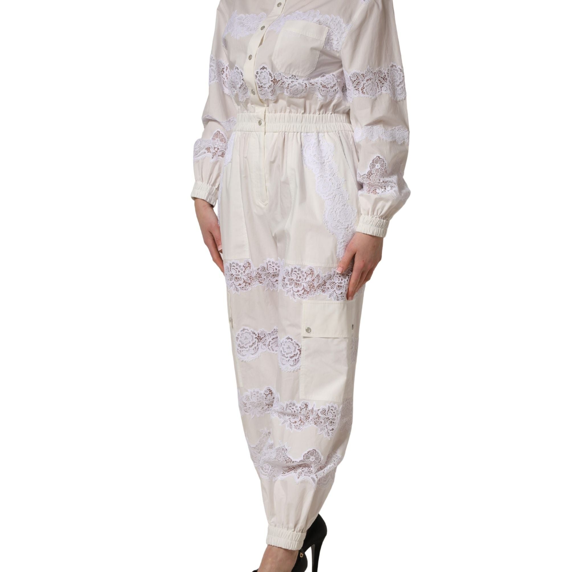 Dolce & Gabbana White Cotton Lace Trim Long Sleeves Jumpsuit