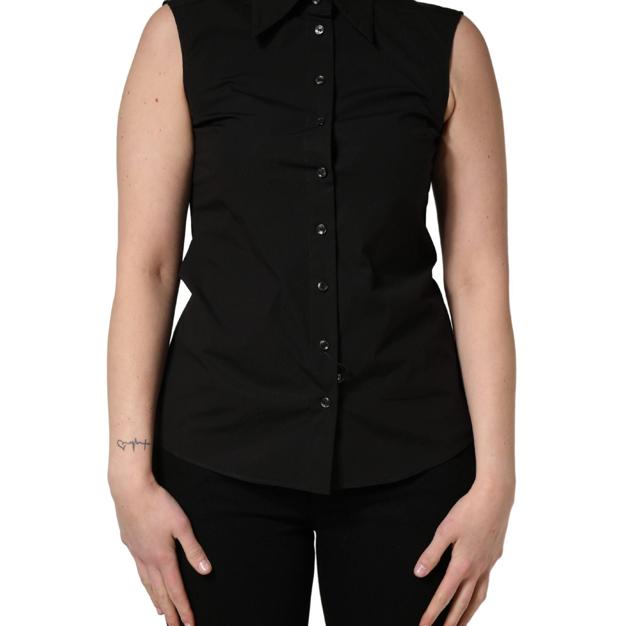 Dolce & Gabbana Black Cotton Sleeveless Collared Blouse Top