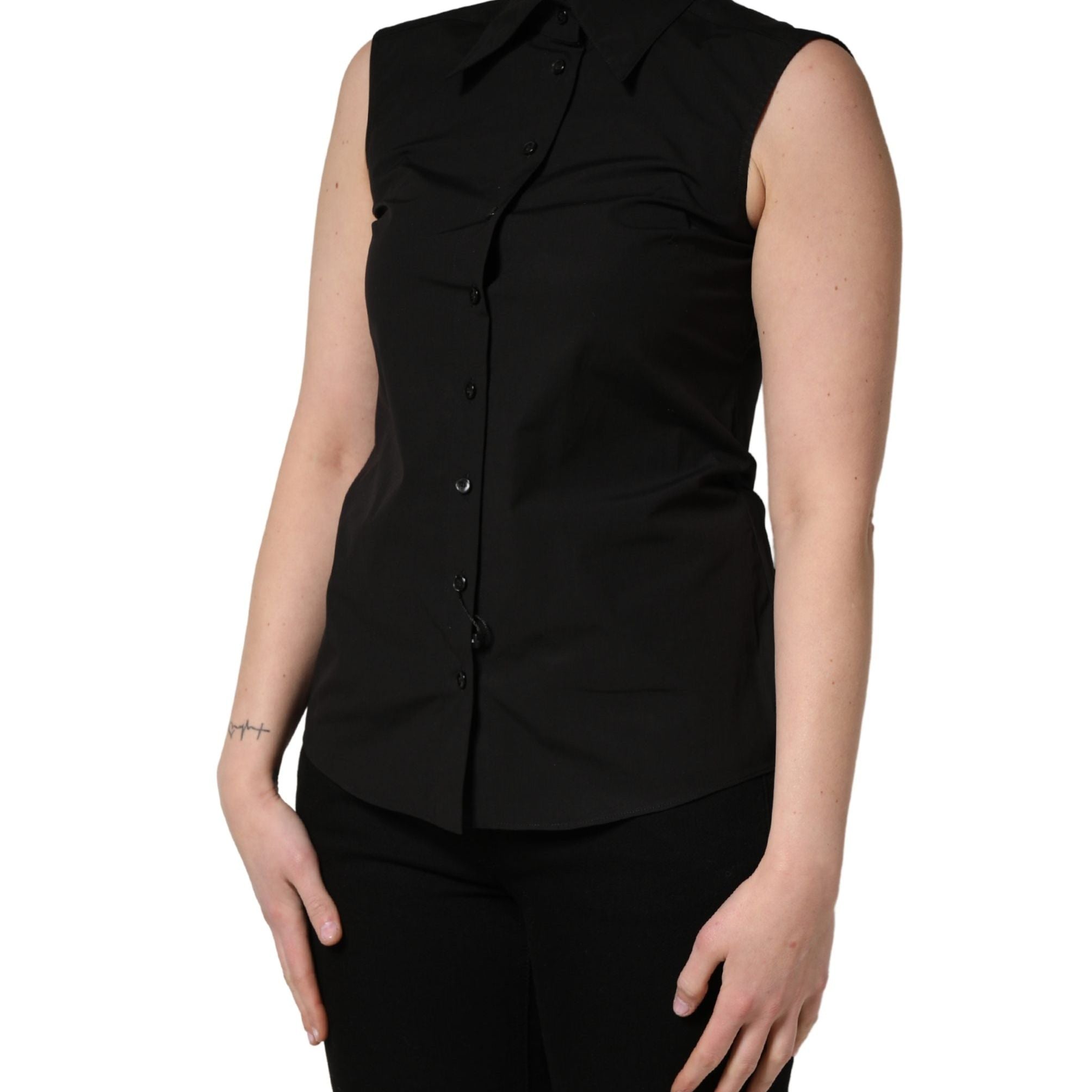 Dolce & Gabbana Black Cotton Sleeveless Collared Blouse Top