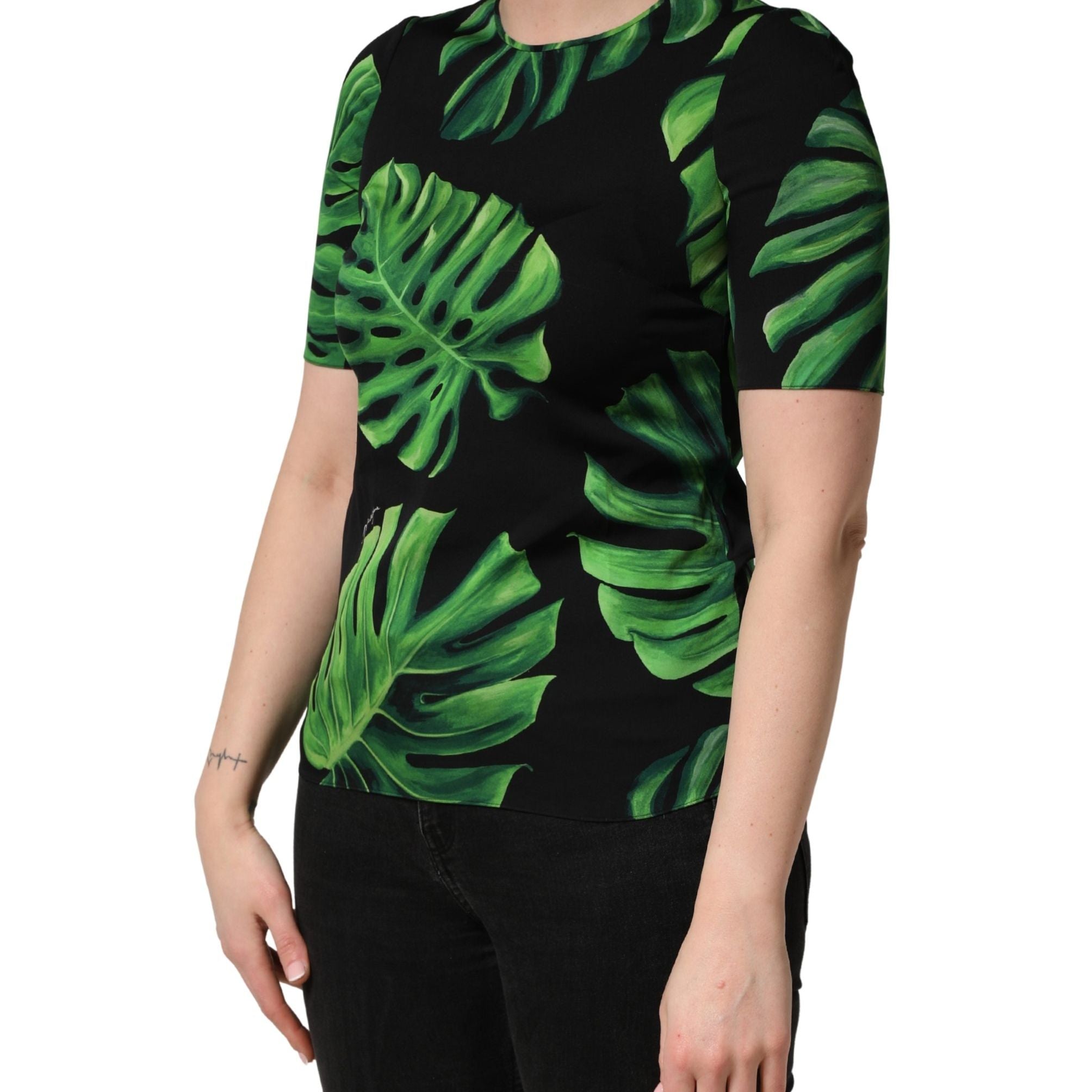 Dolce & Gabbana Black Philodendron Print Silk Blouse Top