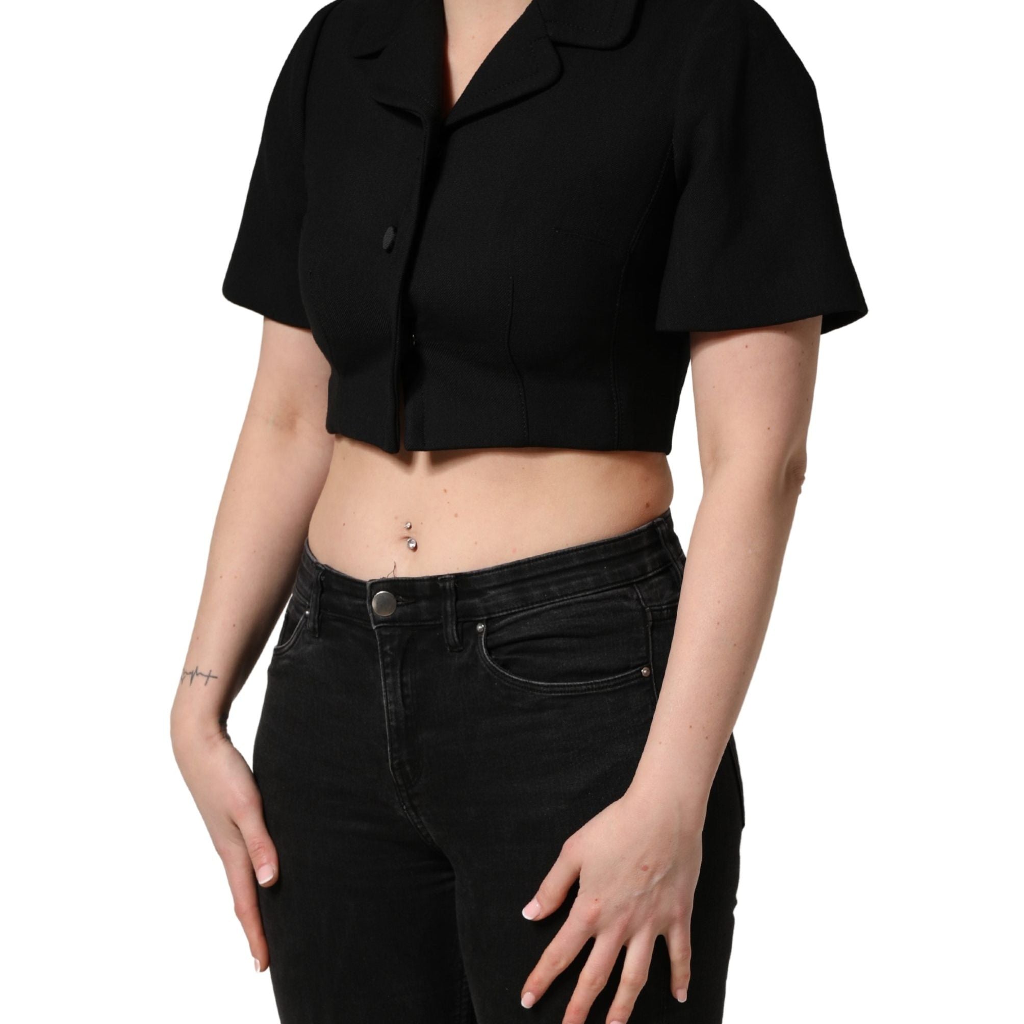 Dolce & Gabbana Black Collared Short Sleeves Cropped Blouse Top