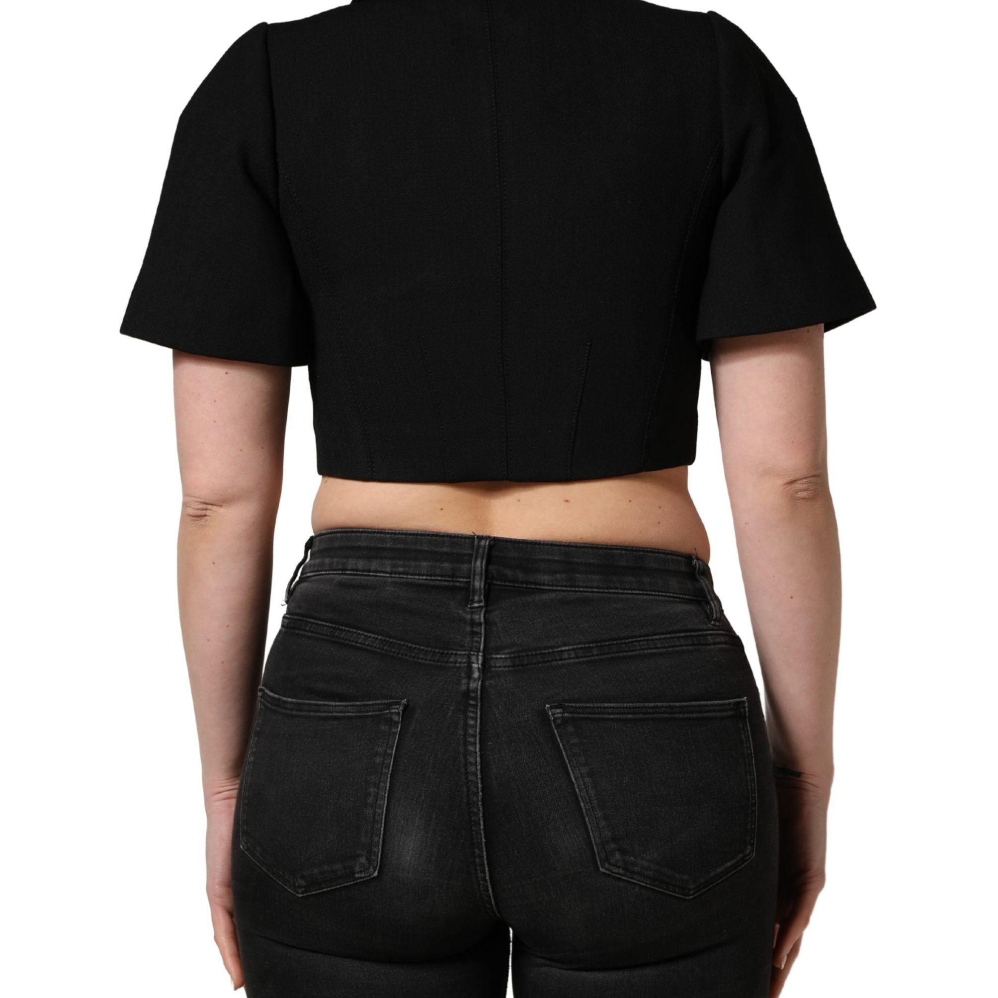 Dolce & Gabbana Black Collared Short Sleeves Cropped Blouse Top