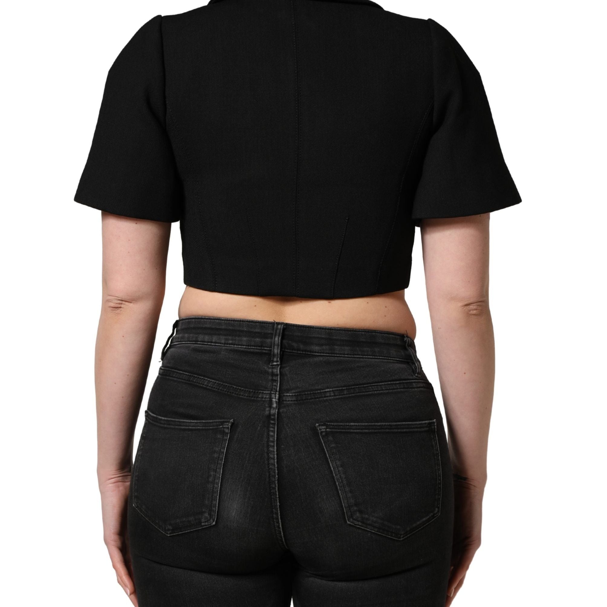 Dolce & Gabbana Black Collared Short Sleeves Cropped Blouse Top