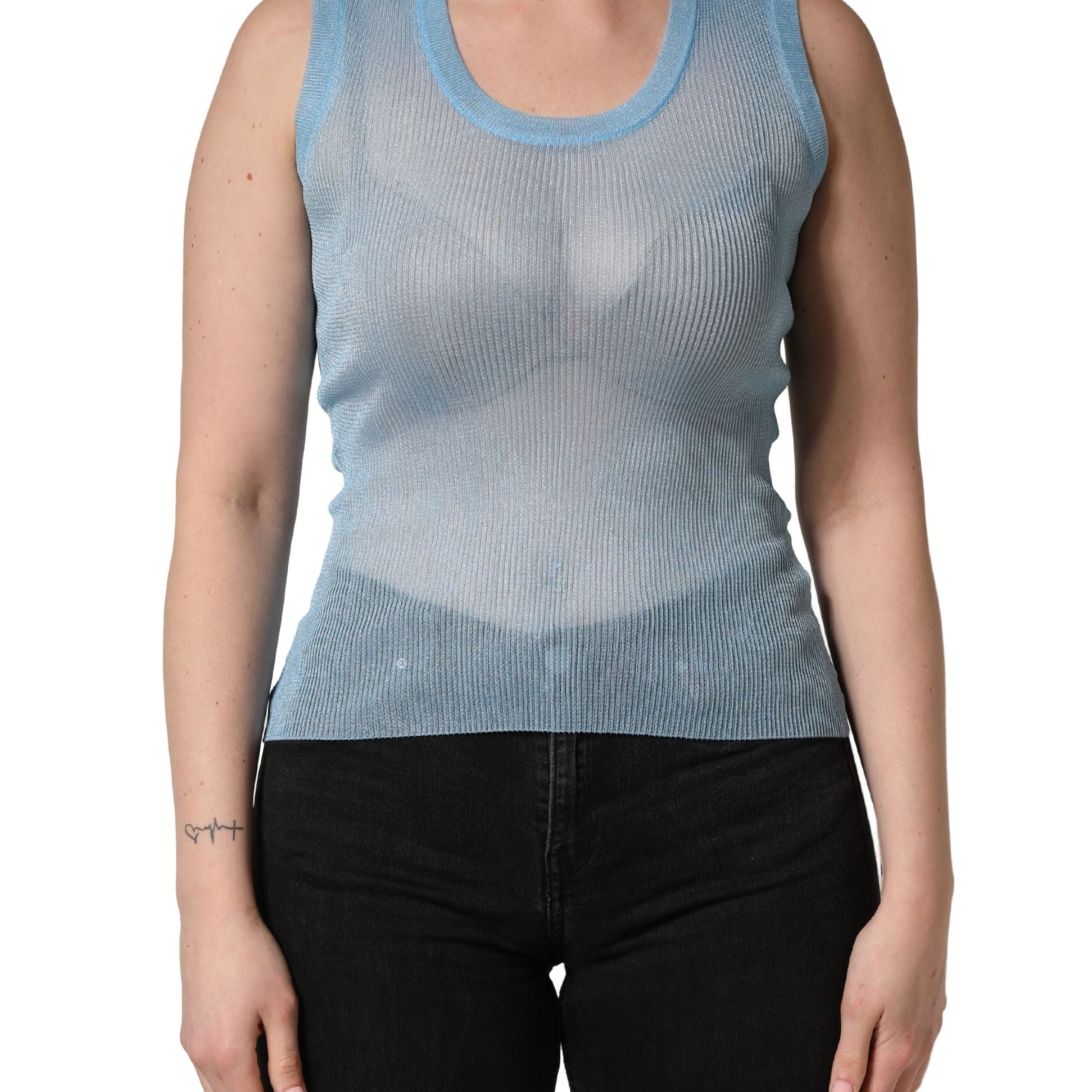 Dolce & Gabbana Blue Semi Sheer Ribbed Sleeveless Tank Top