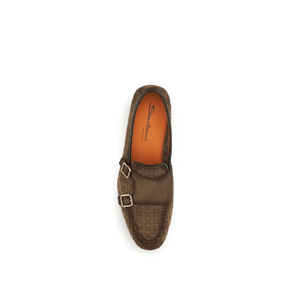 Santoni Brown Calf Leather Bos Taurus Slip-On Loafers