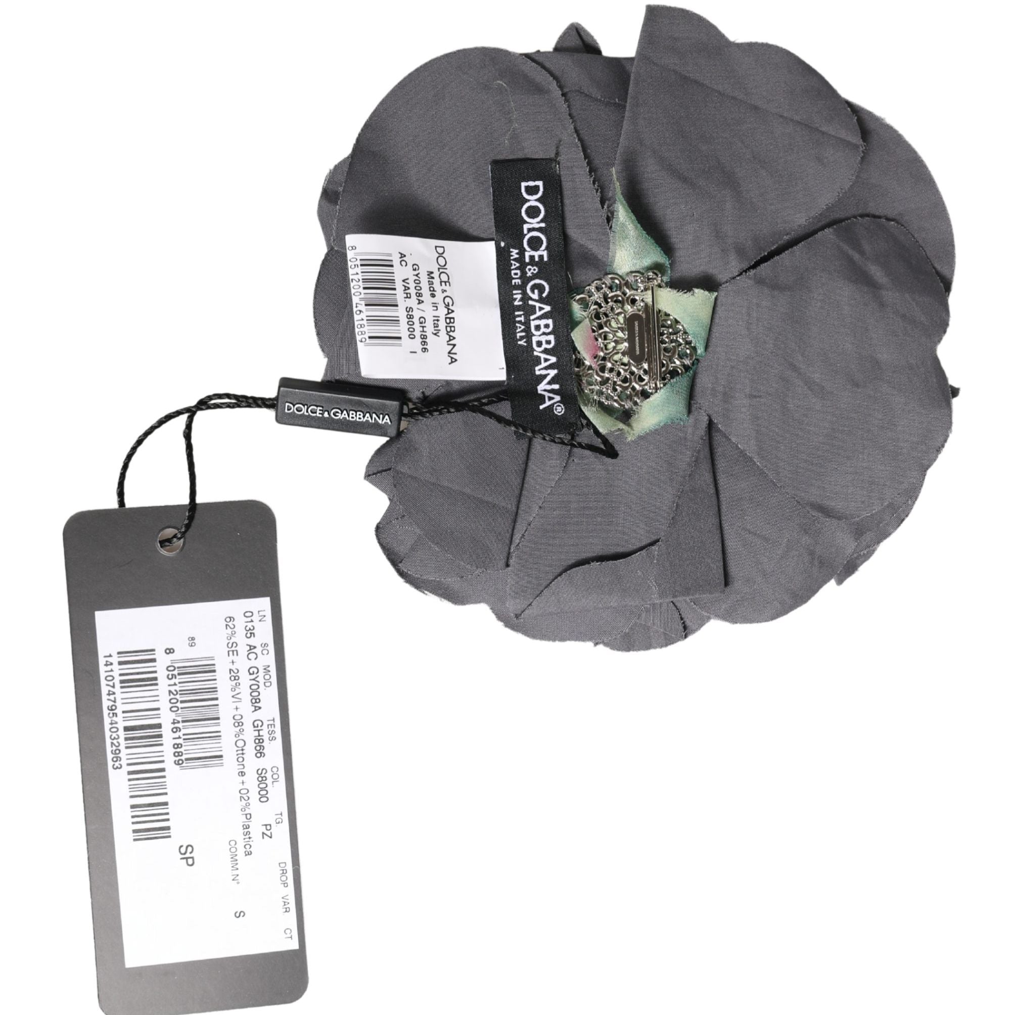 Dolce & Gabbana Gray Floral Motif Silk Blend Poplin Fabric Bar Pin Brooch
