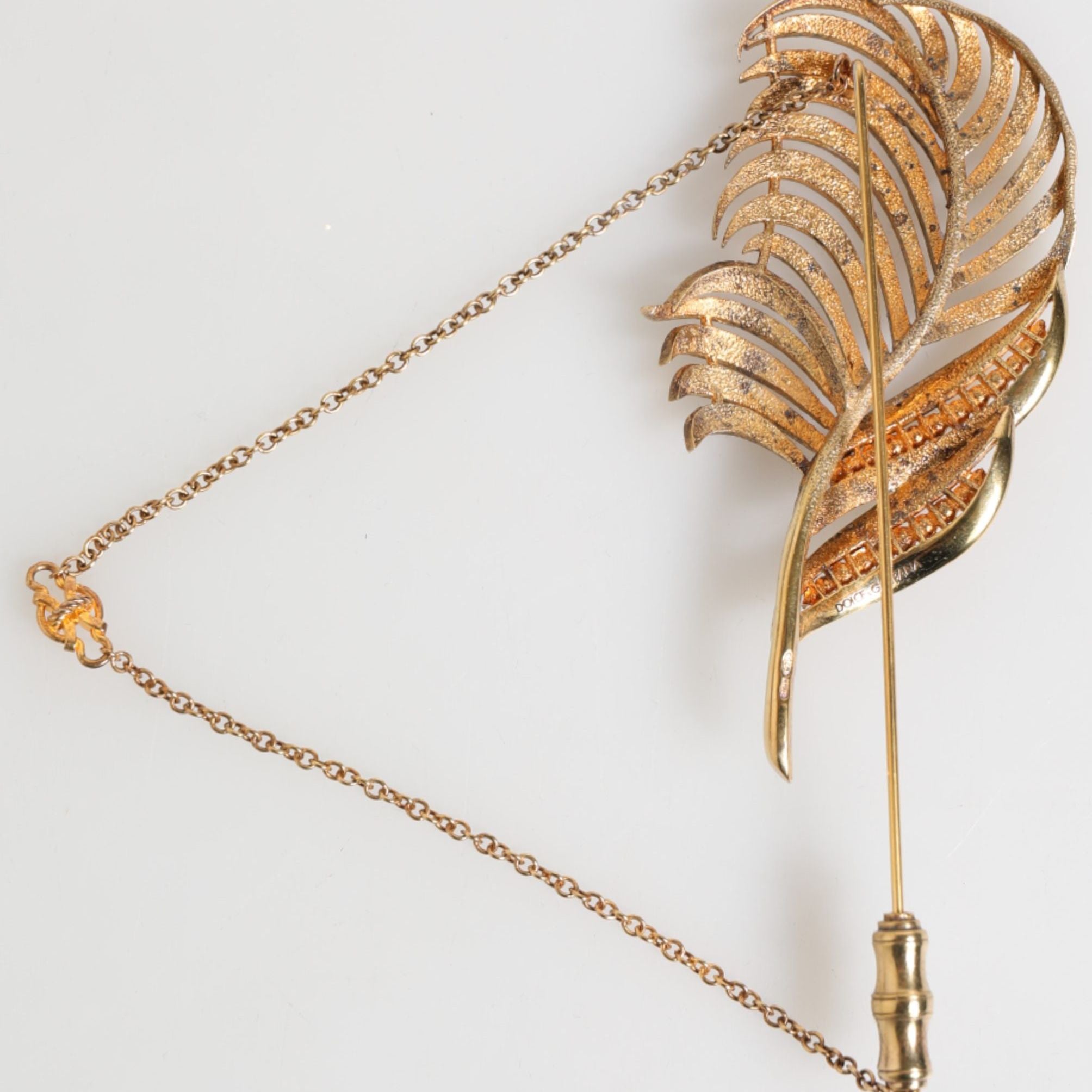 Dolce & Gabbana Gold Sterling Silver925 Leaf Embellished Lapel Pin Brooch