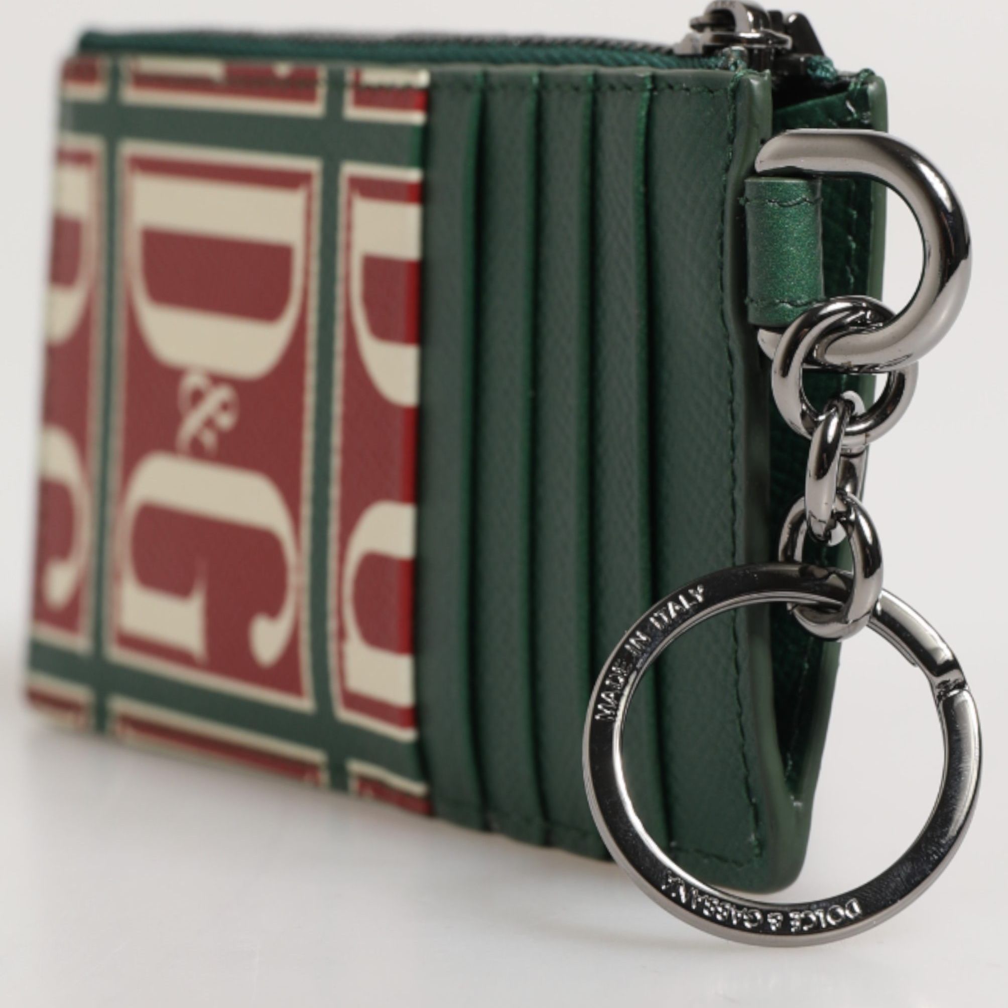 Dolce & Gabbana Green Calf Leather Logo Print Monogram Card Holder Wallet