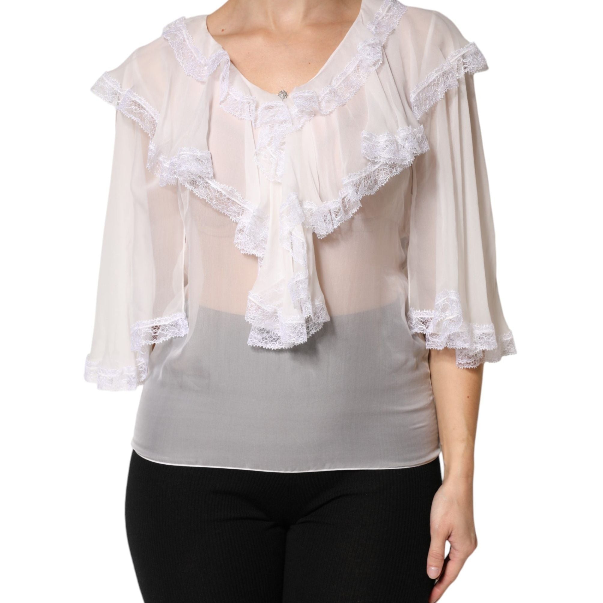 Dolce & Gabbana White LongSleeve Lace Trim Ruffled Blouse Top