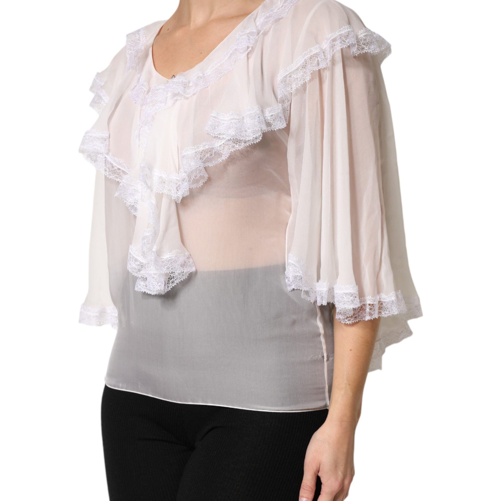 Dolce & Gabbana White LongSleeve Lace Trim Ruffled Blouse Top