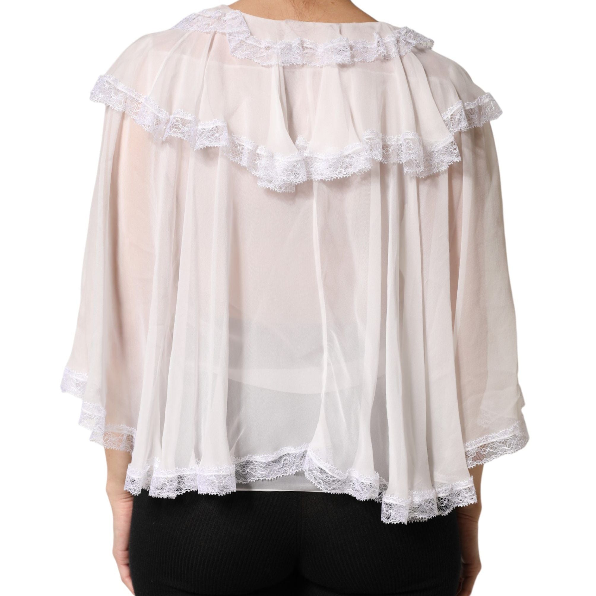 Dolce & Gabbana White LongSleeve Lace Trim Ruffled Blouse Top