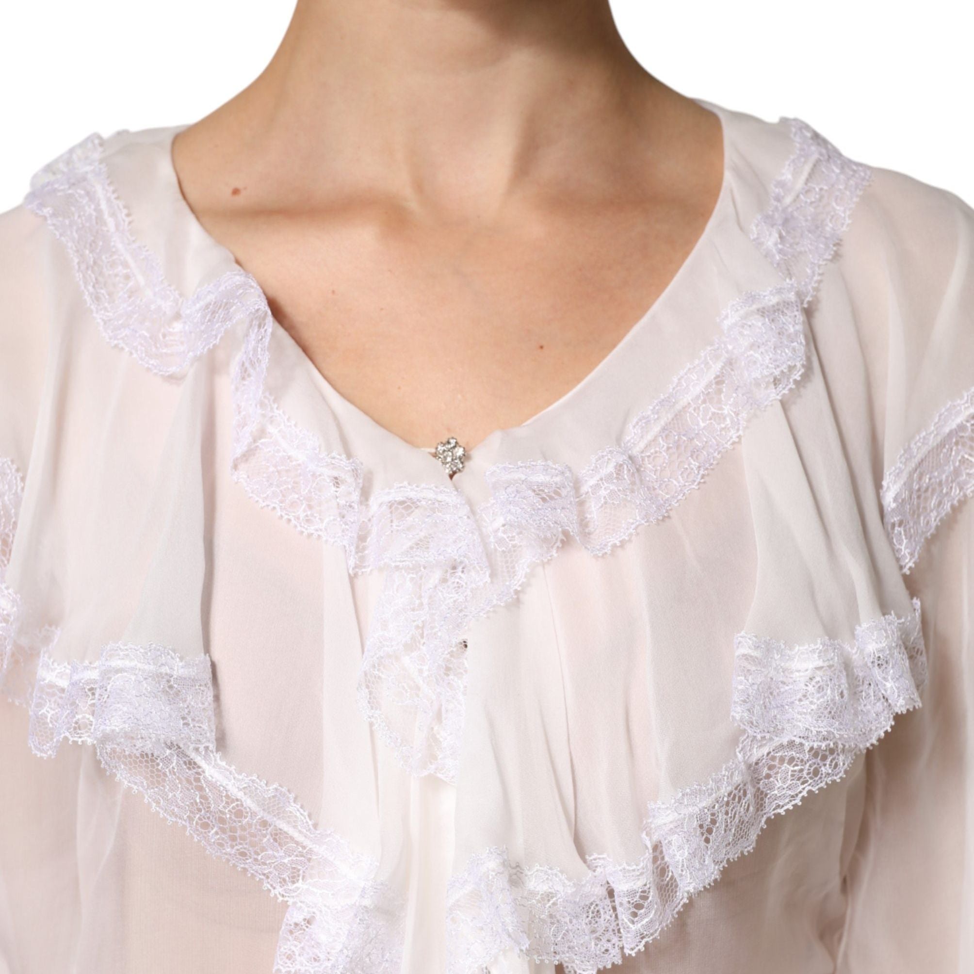 Dolce & Gabbana White LongSleeve Lace Trim Ruffled Blouse Top