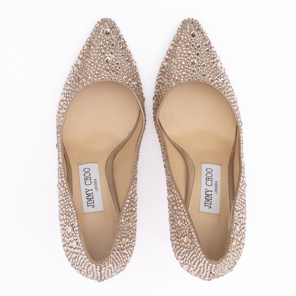 Jimmy Choo Honey Gold Shimmer Suede Crystals Romy 85 pumps