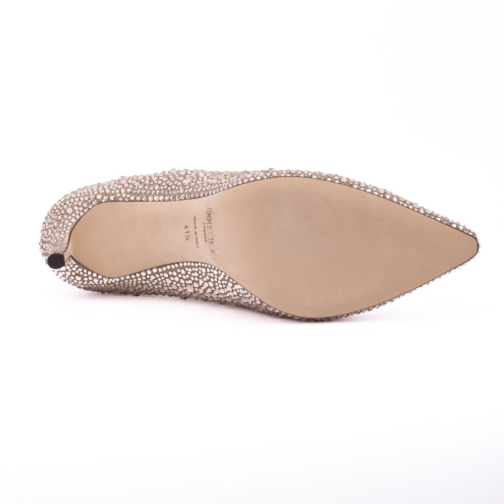 Jimmy Choo Honey Gold Shimmer Suede Crystals Romy 85 pumps