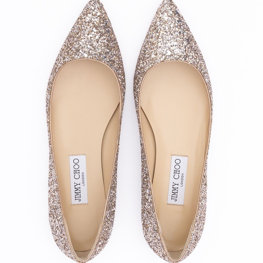 Jimmy Choo Rose Gold Glitter Fabric Alina Ballet Flat